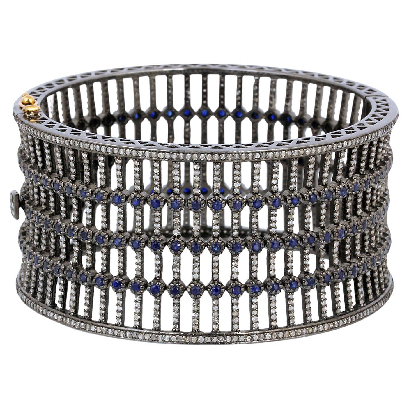 Jail Bar Style Cuff With Diamonds & Sapphire Made In 14k Gold For Sale