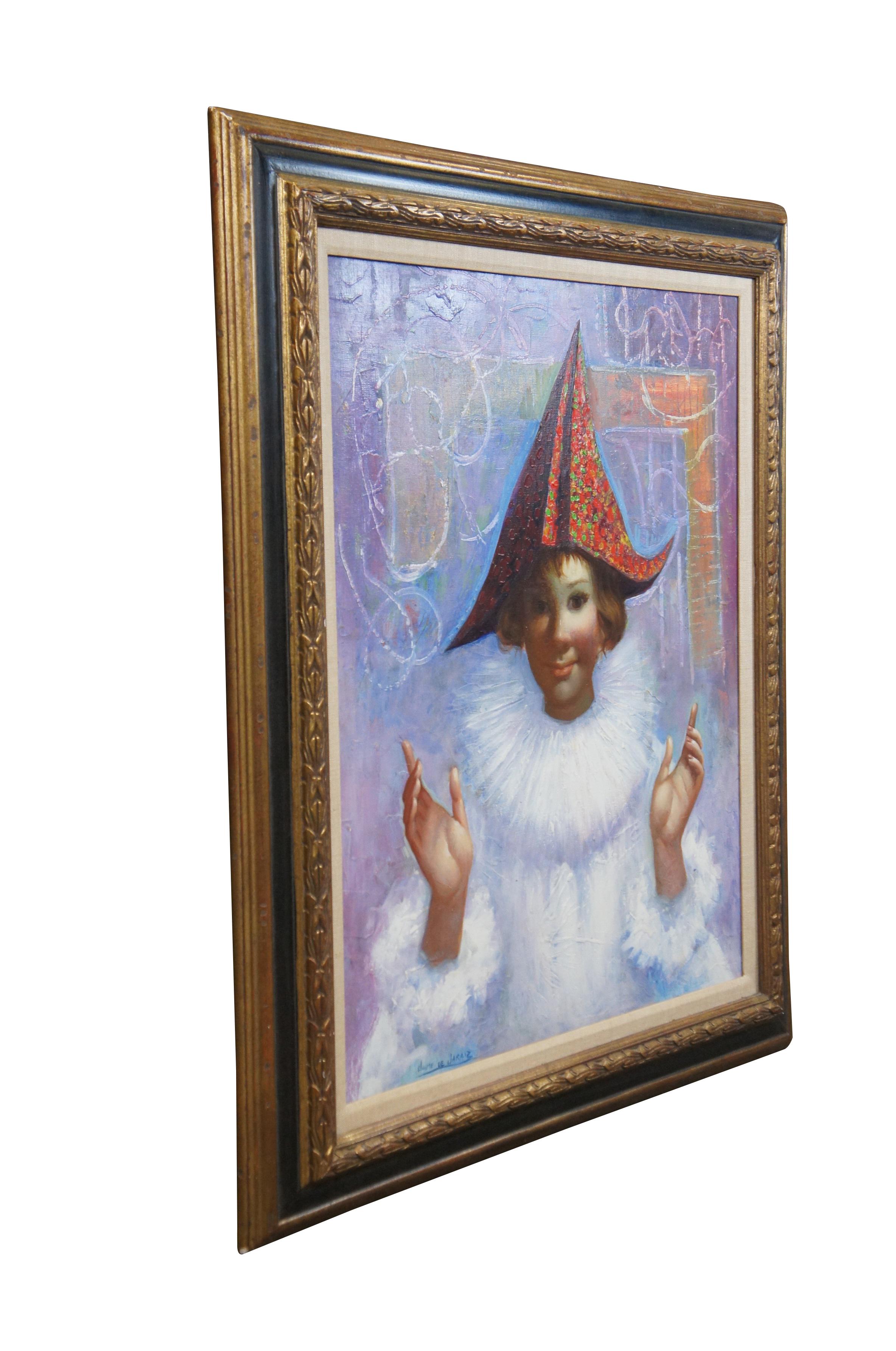 Mid to late 20th century oil on canvas painting by Jaime de Jaraiz, depicting a child dressed in a white harlequin / clown outfit with brightly colored red and green triangular hat, on a background of pastel purple and orange. Signed at lower left.