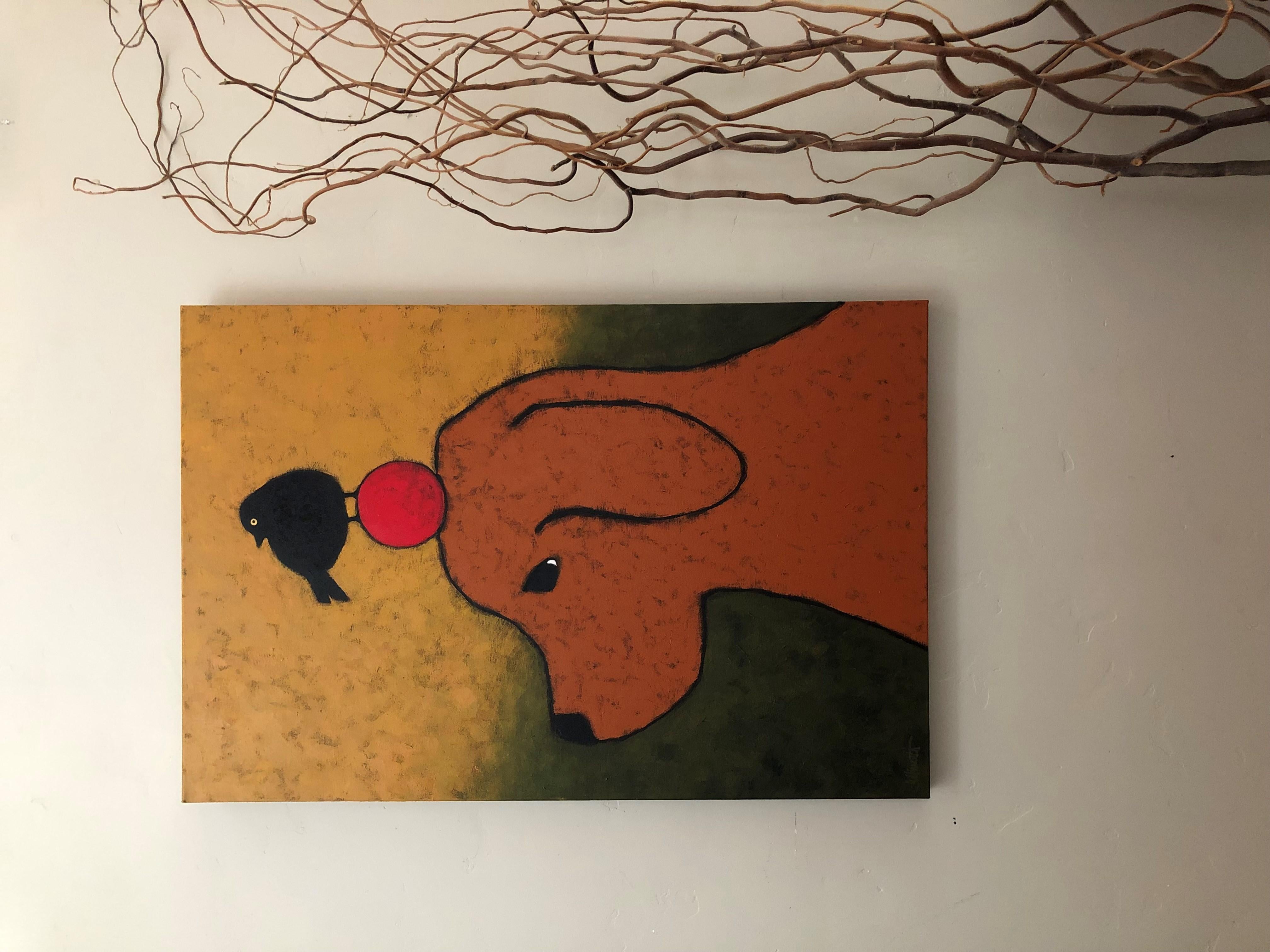 <p>Artist Comments<br>Artist Jaime Ellsworth captures a clever brown dog skillfully balancing a red ball and a black bird on its head. With curious gazes, the critters turn to their right as if something has piqued their interest. The two-tone