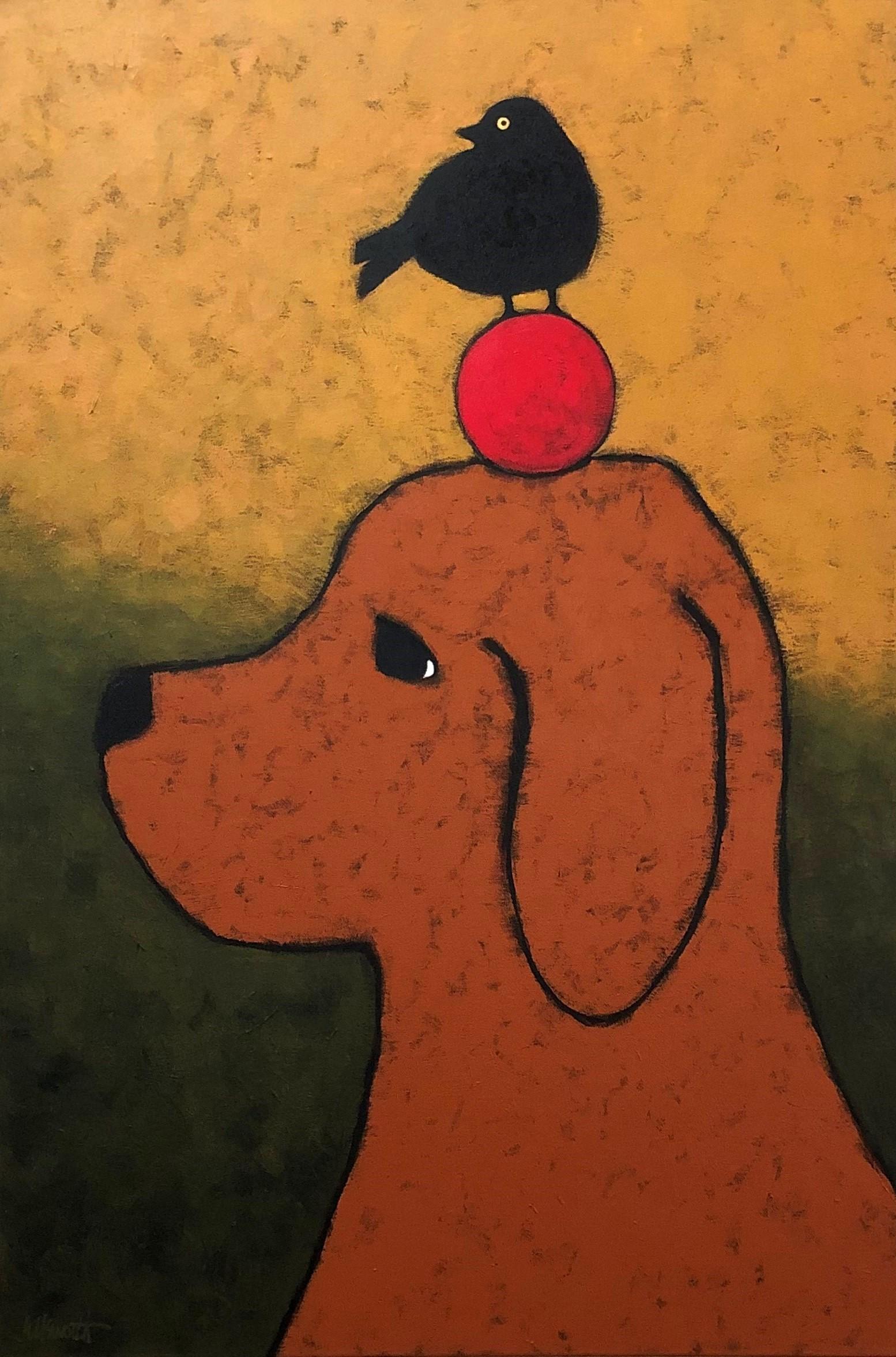 Jaime Ellsworth Animal Painting - Dog Ball Bird, Original Painting