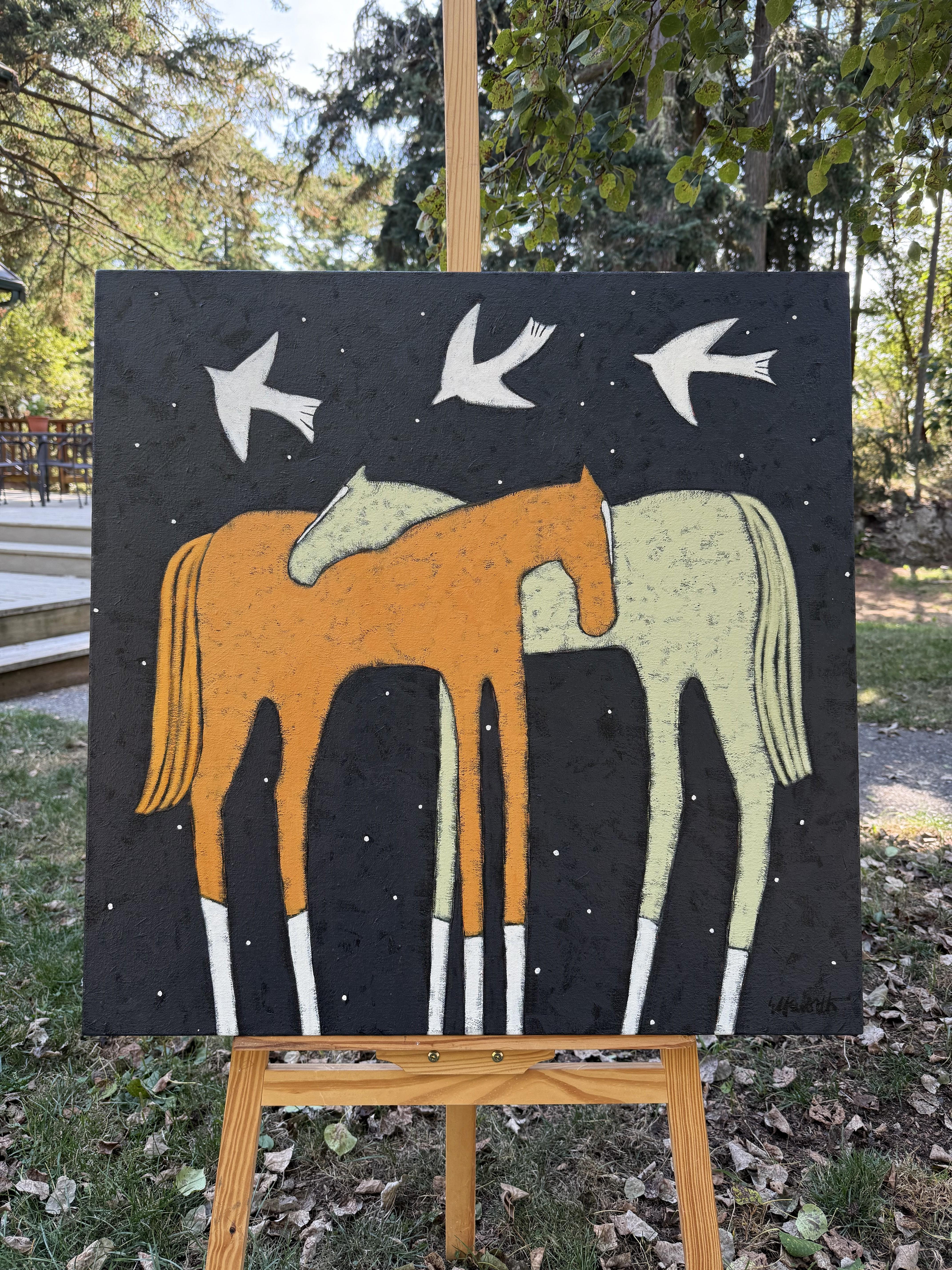 <p>Artist Comments<br>Two horses lean on each other as they rest under a night sky. Three white birds soar overhead, heading in the same direction. The scene captures a peaceful moment between wildlife after dark.</p><br/><p>About the
