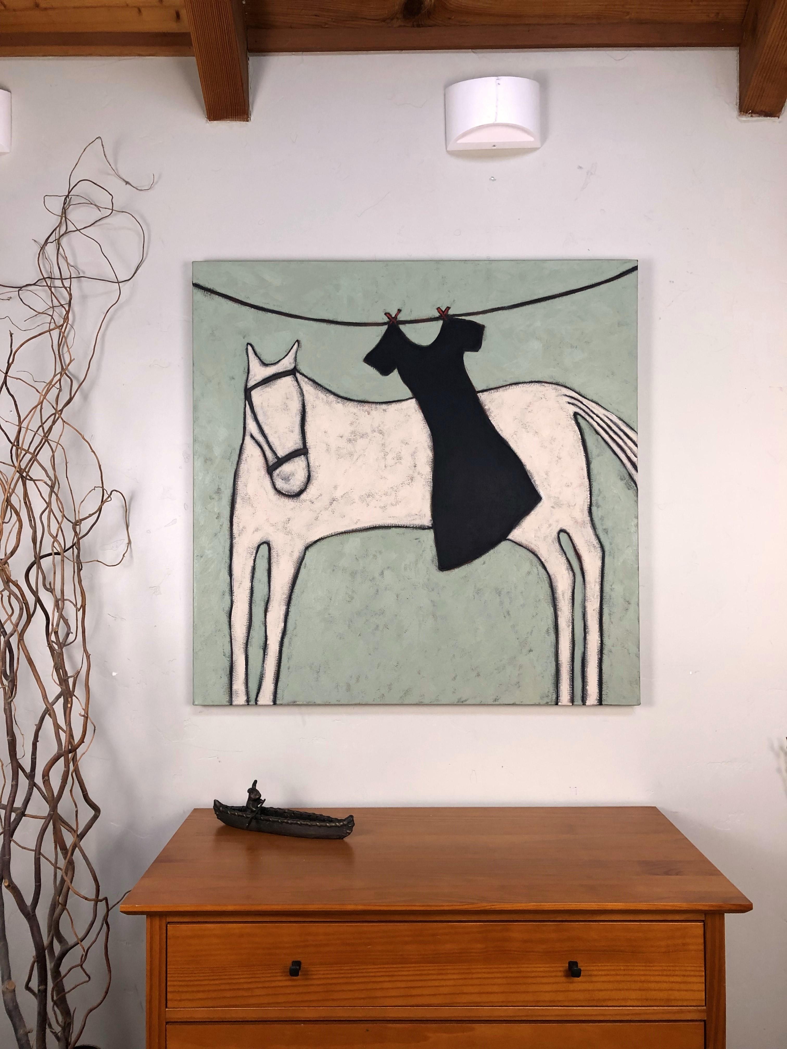 <p>Kommentare des KünstlersEin weißes Pferd hält an und beobachtet ein schwarzes Kleid, das sich sanft im Wind wiegt.<br> Mehrere Schichten von Ölfarbe verleihen der Komposition einen besonderen Charakter und ermöglichen es der Oberfläche, die