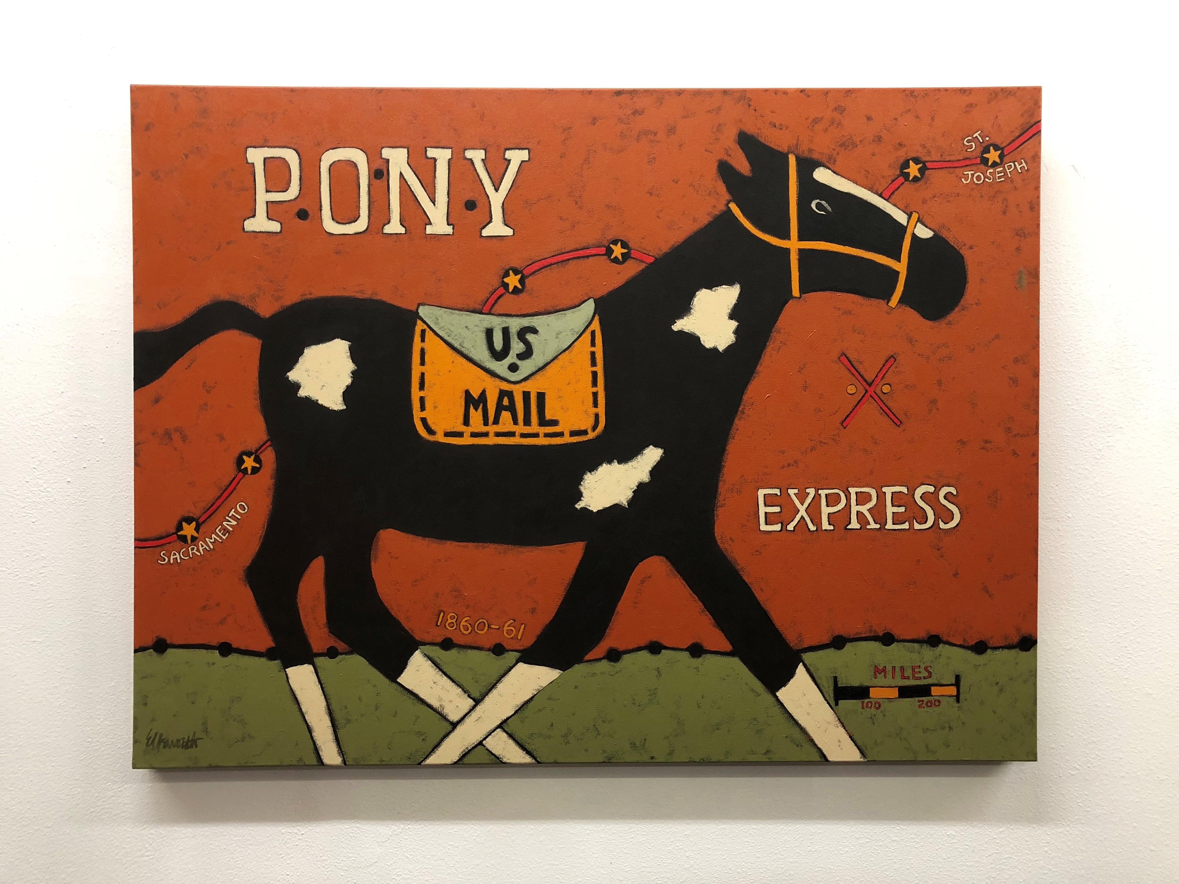 <p>Artist Comments<br>A black horse with white spots gallops with all its might, following the outlined route in the background. The painting carries a whimsical tone with its colors and primitive lines. It celebrates the Pony Express and its