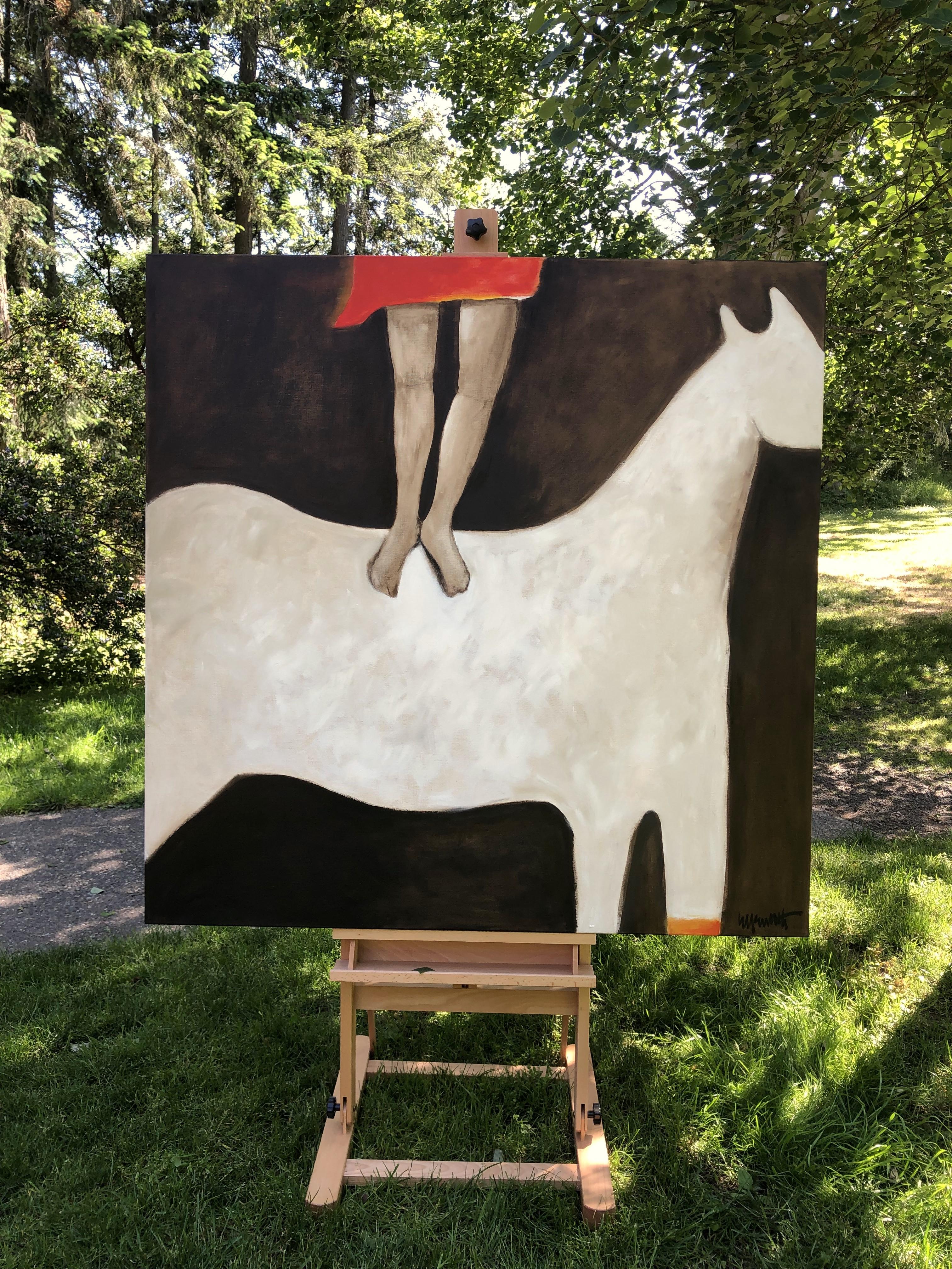 <p>Artist Comments<br>Artist Jaime Ellsworth depicts a sturdy white stallion with its face out of frame. A girl with a red skirtâ€”also obscured from perspectiveâ€”stands on its back. She appears to delicately dance and finds balance on top of the