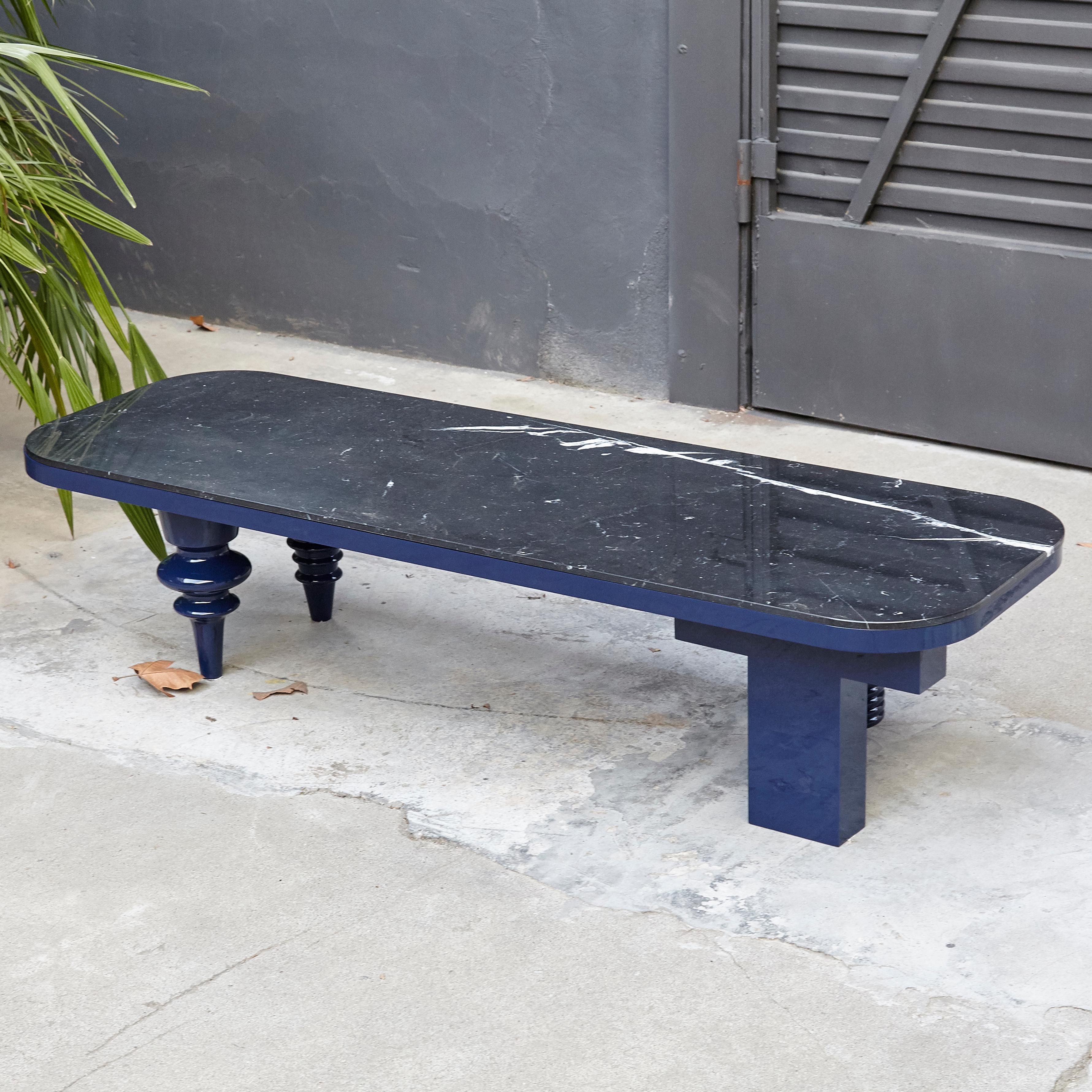Design by Jaime Hayon, 2016
Manufactured by BD Barcelona.

Low table with rectangular black marble top. The legs have blue Ral5011 lacquered finishes.

Measures: 50 x 150 x H.35 cm.