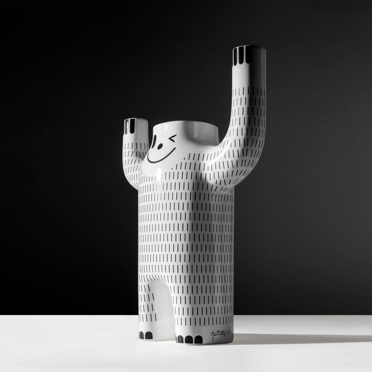 Contemporary happy yeti by Jaime Hayon.
Manufactured by BD Barcelona (Spain).

Glazed ceramic vase in white with decorations in black.

Measures: 
14 D x 33 W x 47 H cm.
  