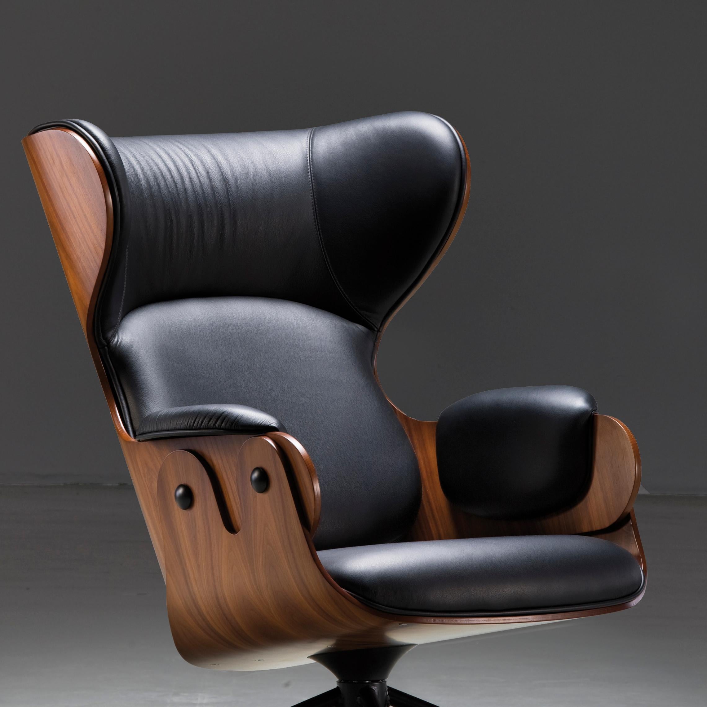 Modern Jaime Hayon, Contemporary, Playwood Walnut Leather Upholstery Lounger Armchair For Sale