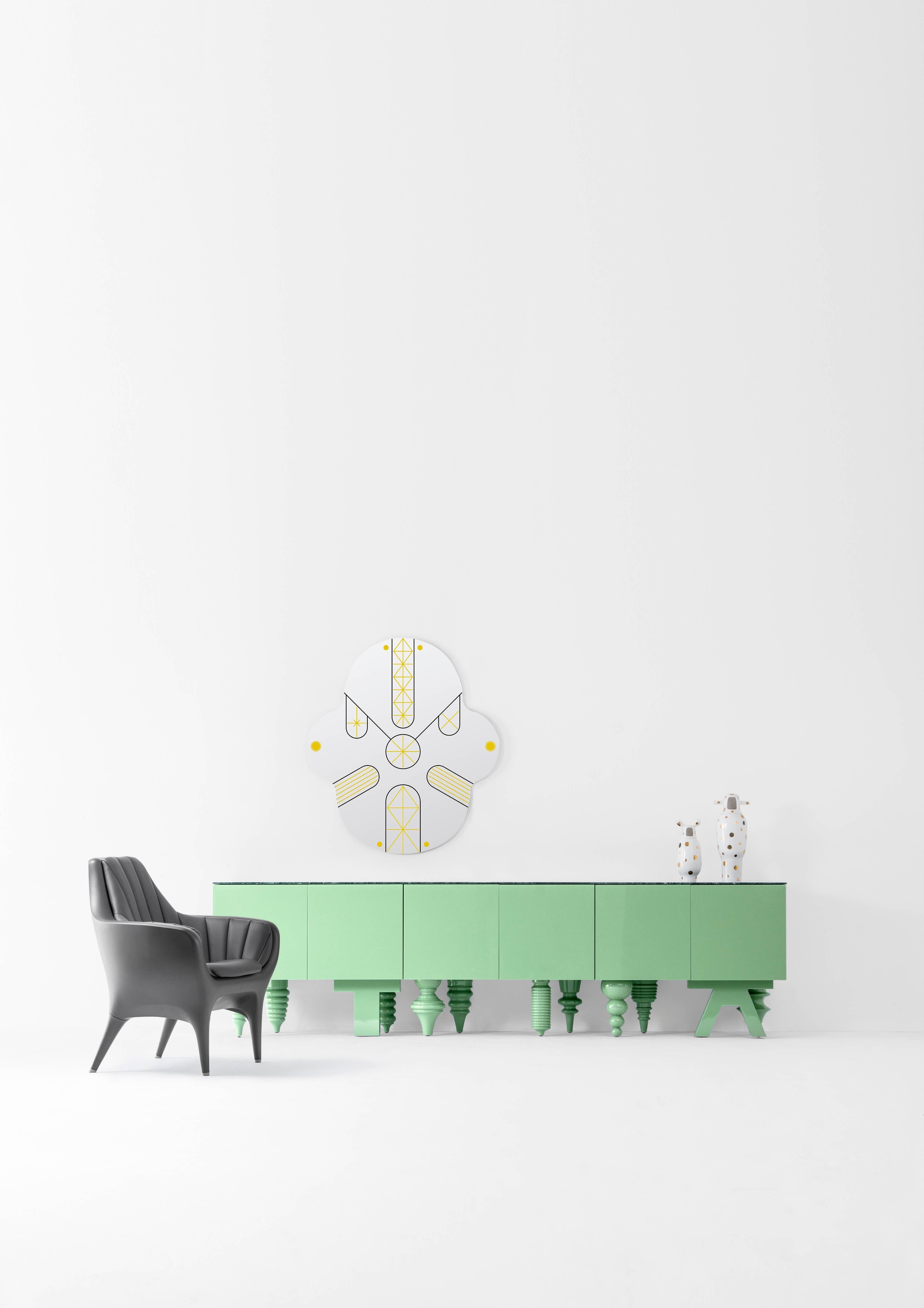 Jaime Hayon cabinet green multileg cabinet designed in 2016 and manufactured by BD Barcelona.

A modular multipurpose and multi-legged furniture. It is available with a dozen different designs inspired by different styles. It allows various
