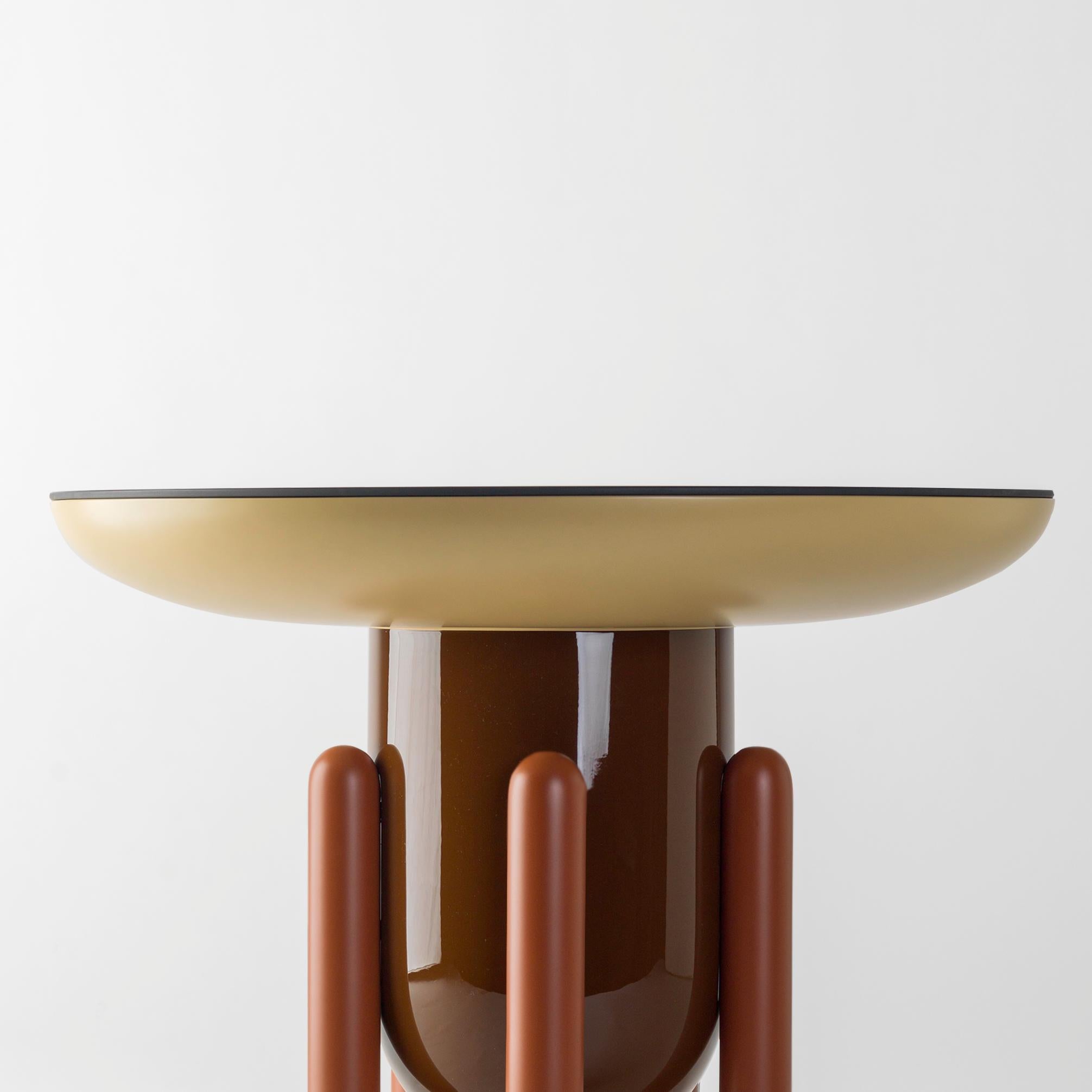 Multi-color explorer #02 table

Design by Jaime Hayon, 2019
Manufactured by BD Barcelona.

Lacquered fiberglass body. Solid turned wooden legs and lacquered. Painted glass tabletop.

Measure: 60 Ø x 46 cm

- Glass: RAL 7021
- Top: RAL 1001