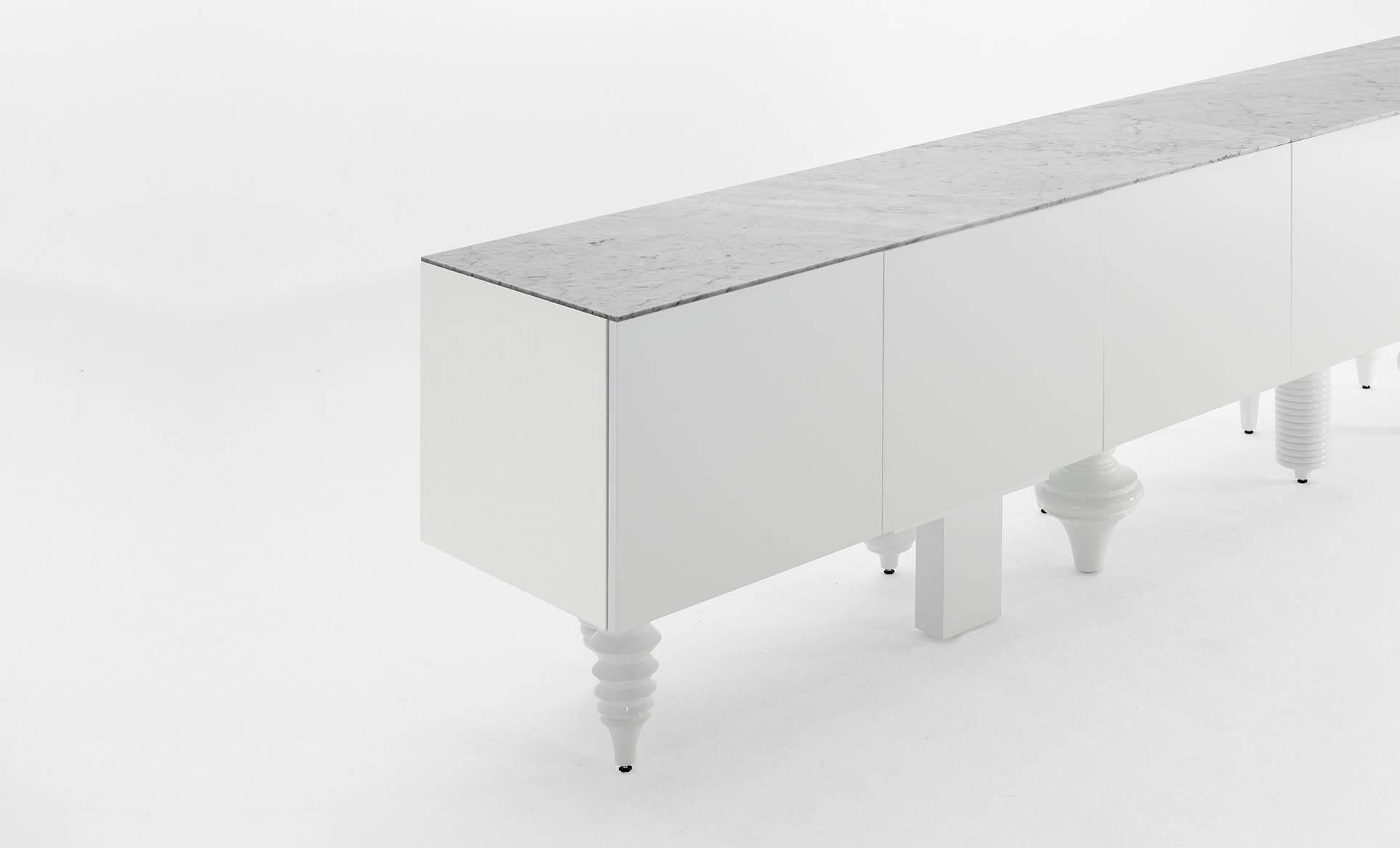 Jaime Hayon cabinet white multileg cabinet designed in 2016 and manufactured by BD Barcelona.

A modular multipurpose and multi-legged furniture. It is available with a dozen different designs inspired by different styles. It allows various