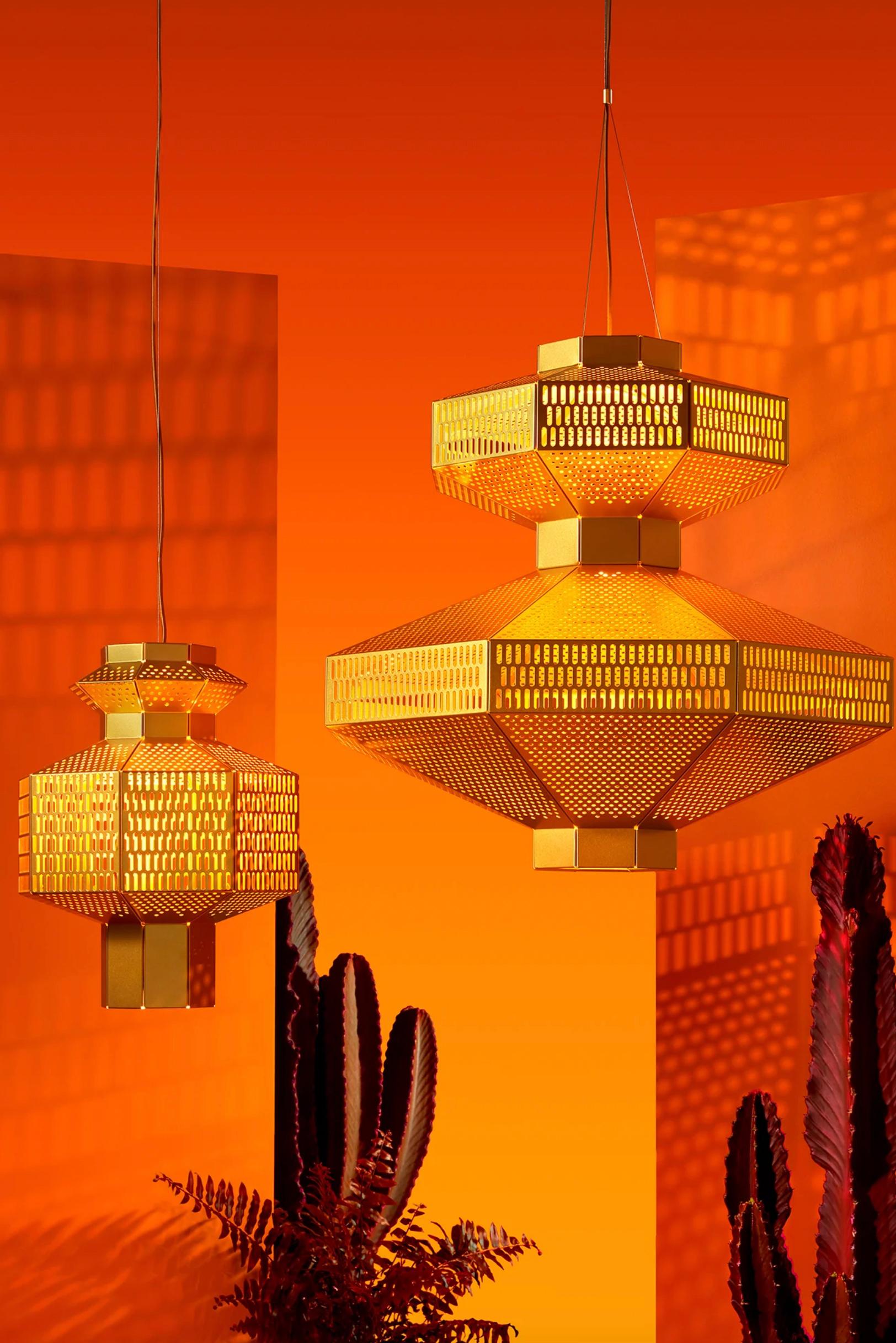 Spanish Jaime Hayson Set of Two Ma-Rock T Gr Golden Suspension Lamp For Parachilna For Sale