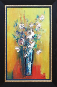 Modern Abstract Green and Orange Toned Floral Still Life Interior Painting