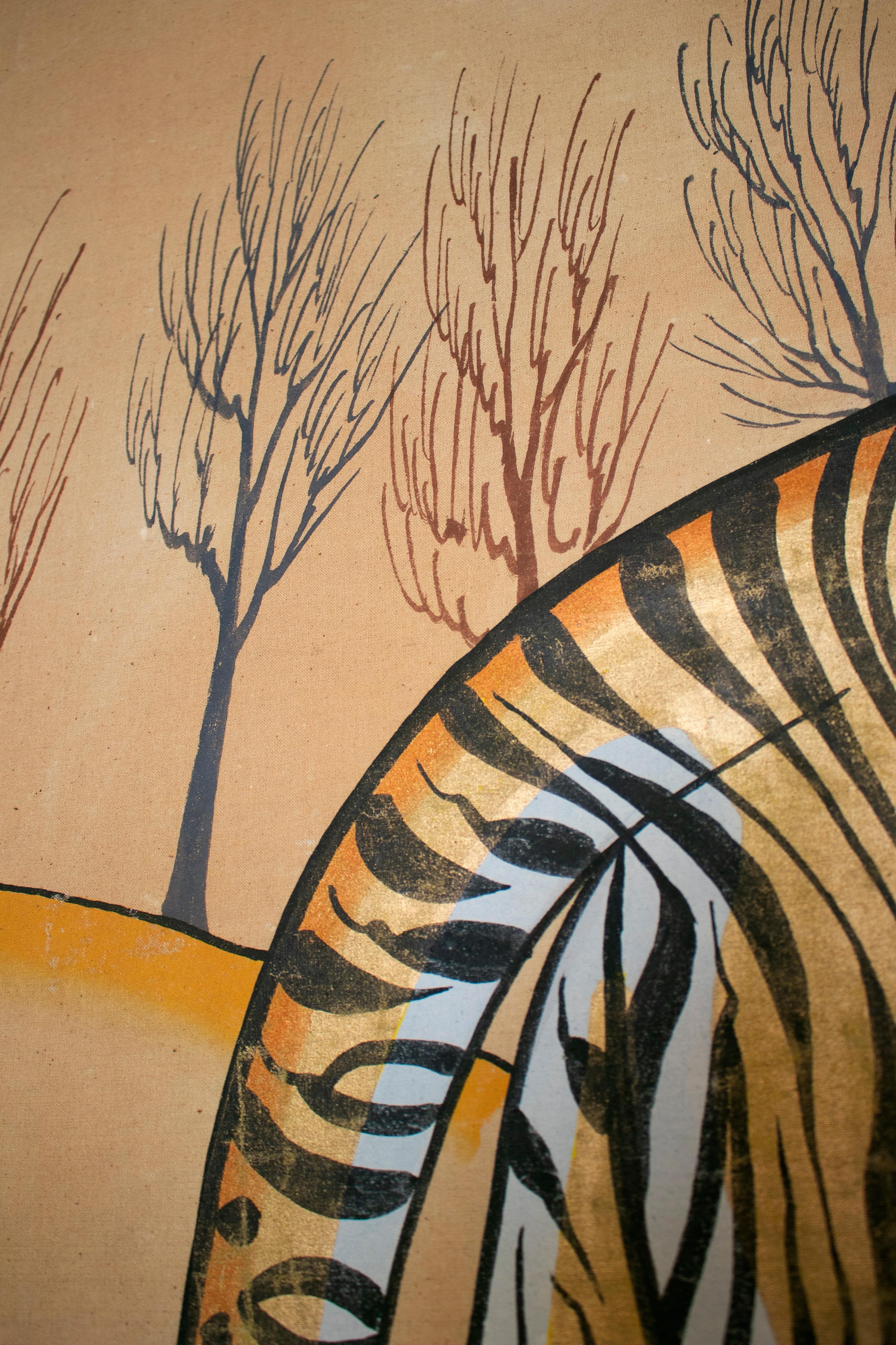 Jaime Parlade Designed Tiger Drawn on Fabric and Framed in Bamboo & Indian Straw 7