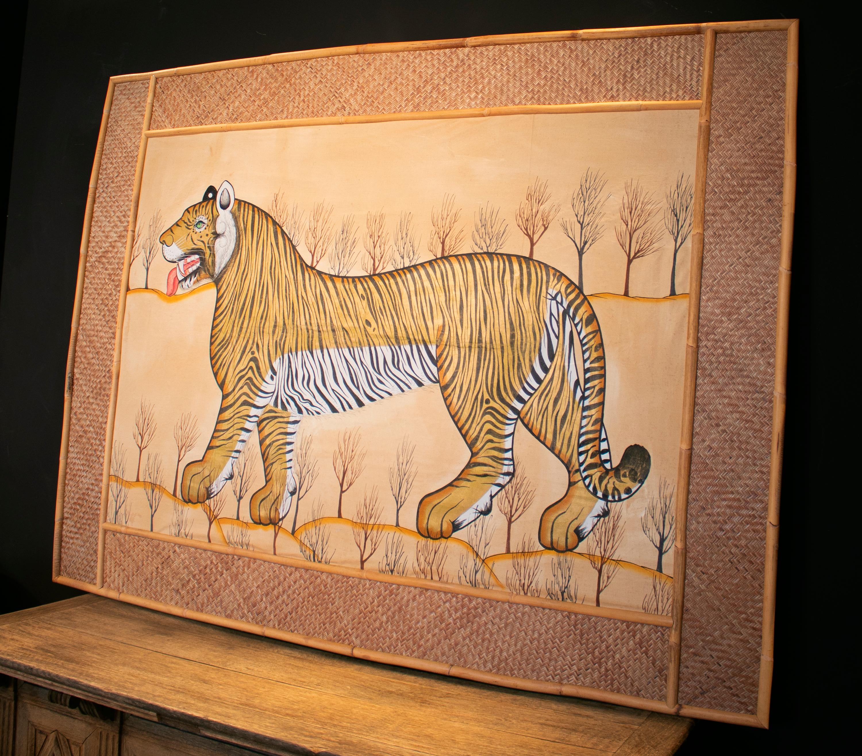 Jaime Parlade designed tiger hand drawn on fabric and framed in bamboo and woven Indian straw.