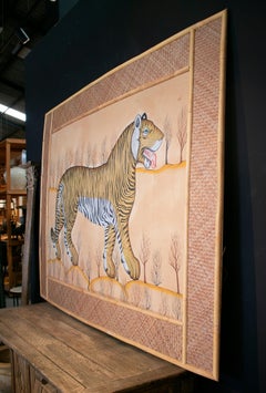 Jaime Parlade Designed Tiger Drawn on Fabric and Framed in Bamboo & Indian Straw