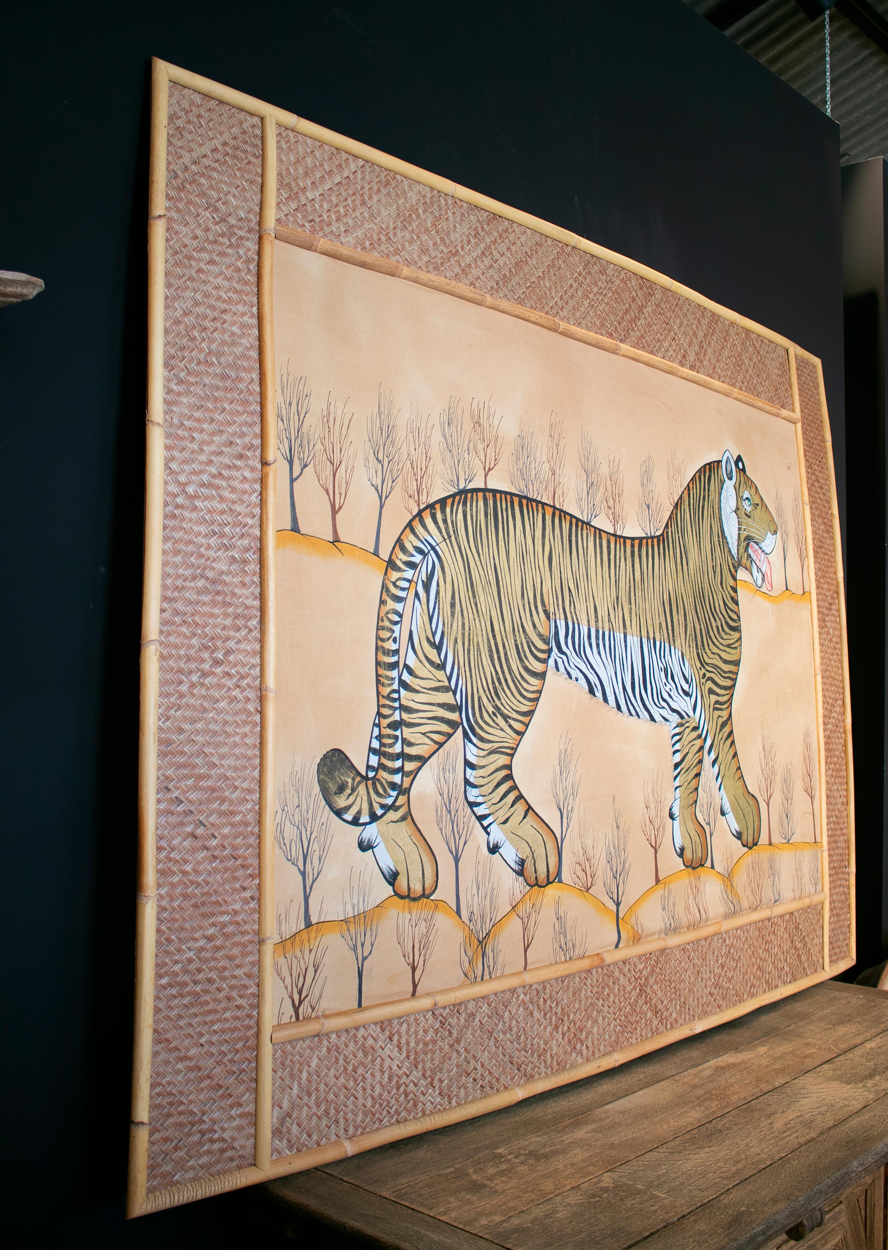 Jaime Parlade Designed Tiger Drawn on Fabric and Framed in Bamboo & Indian Straw In Good Condition In Marbella, ES