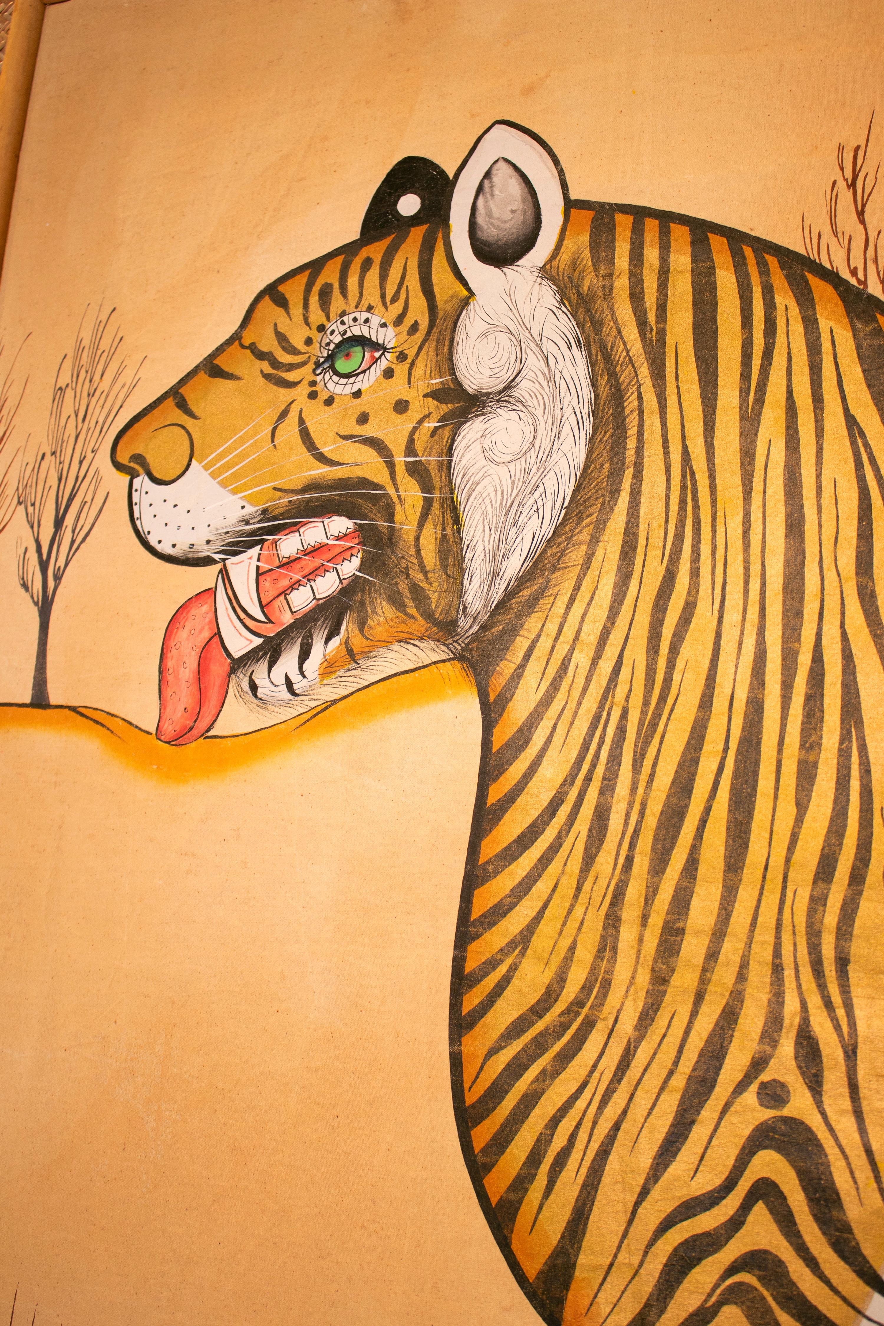 20th Century Jaime Parlade Designed Tiger Drawn on Fabric and Framed in Bamboo & Indian Straw