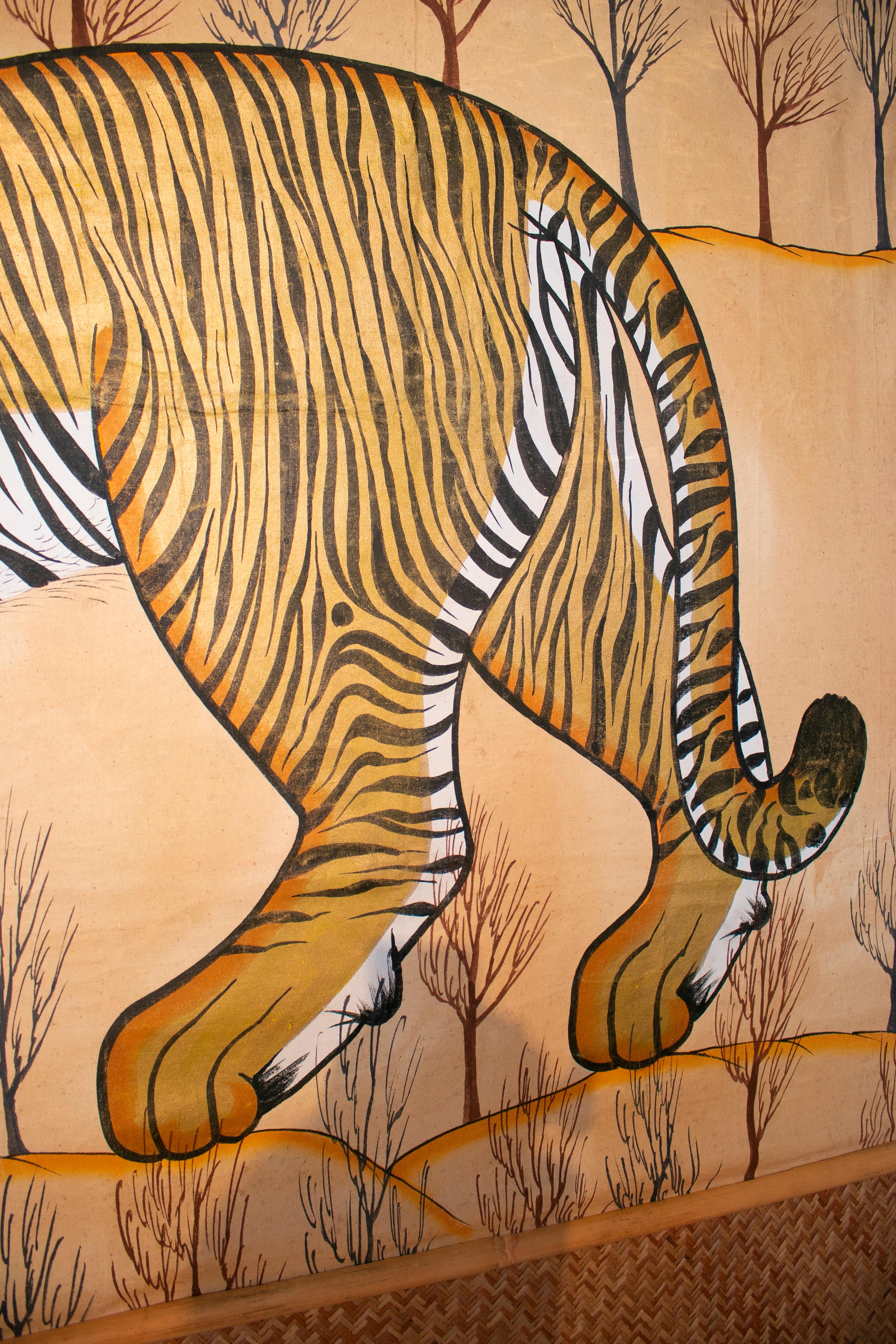 Jaime Parlade Designed Tiger Drawn on Fabric and Framed in Bamboo & Indian Straw 1