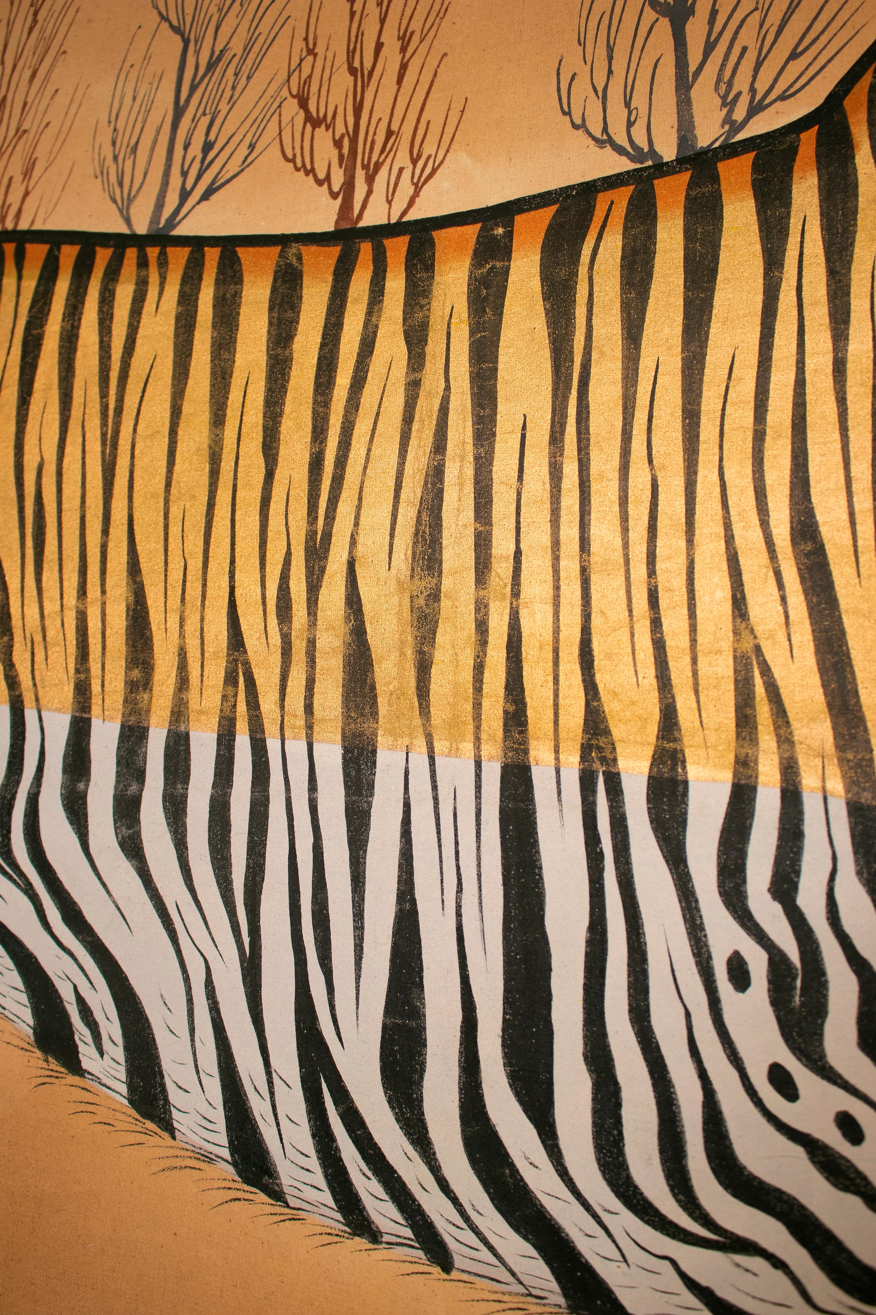 Jaime Parlade Designed Tiger Drawn on Fabric and Framed in Bamboo & Indian Straw 2