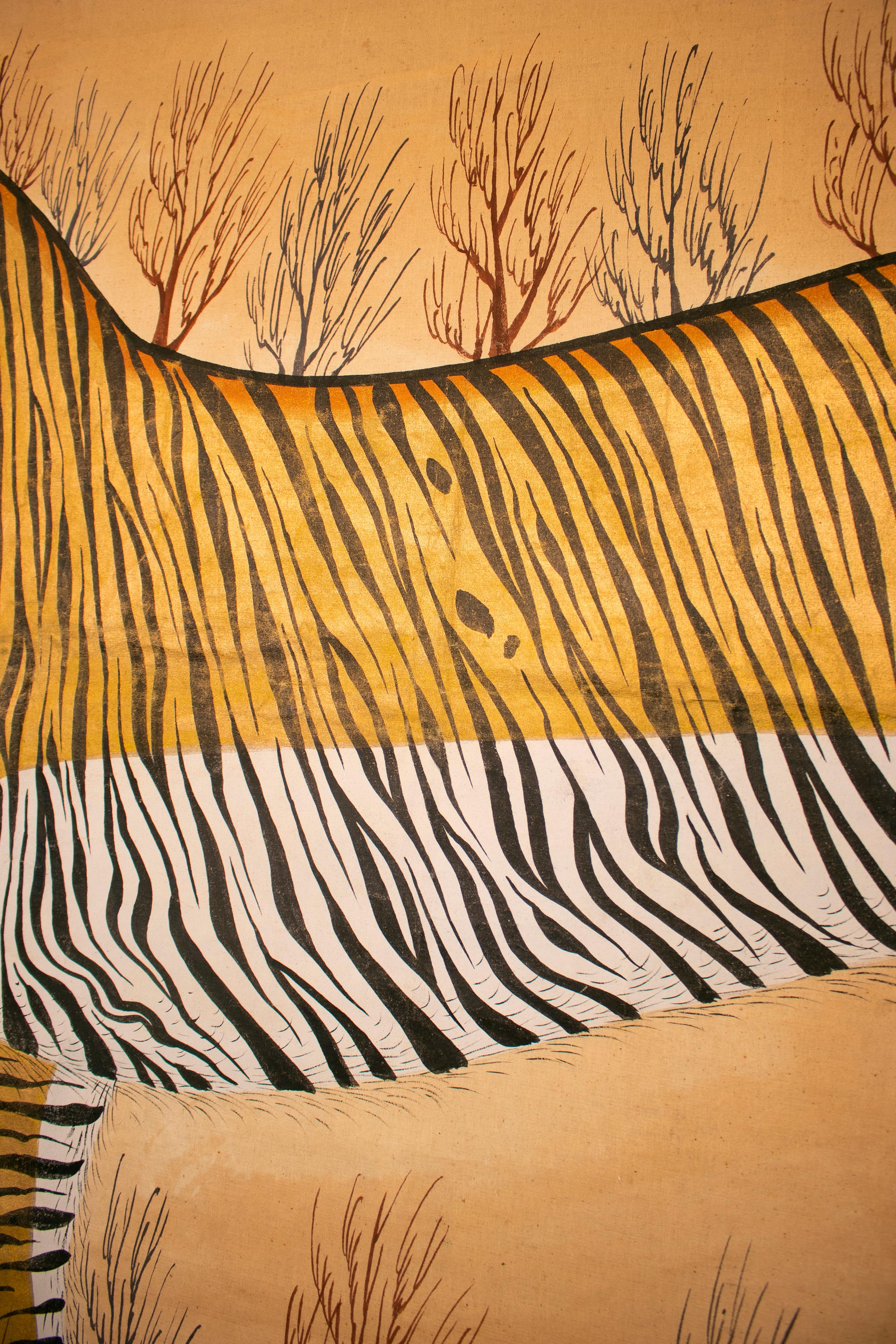 Jaime Parlade Designed Tiger Drawn on Fabric and Framed in Bamboo & Indian Straw 3