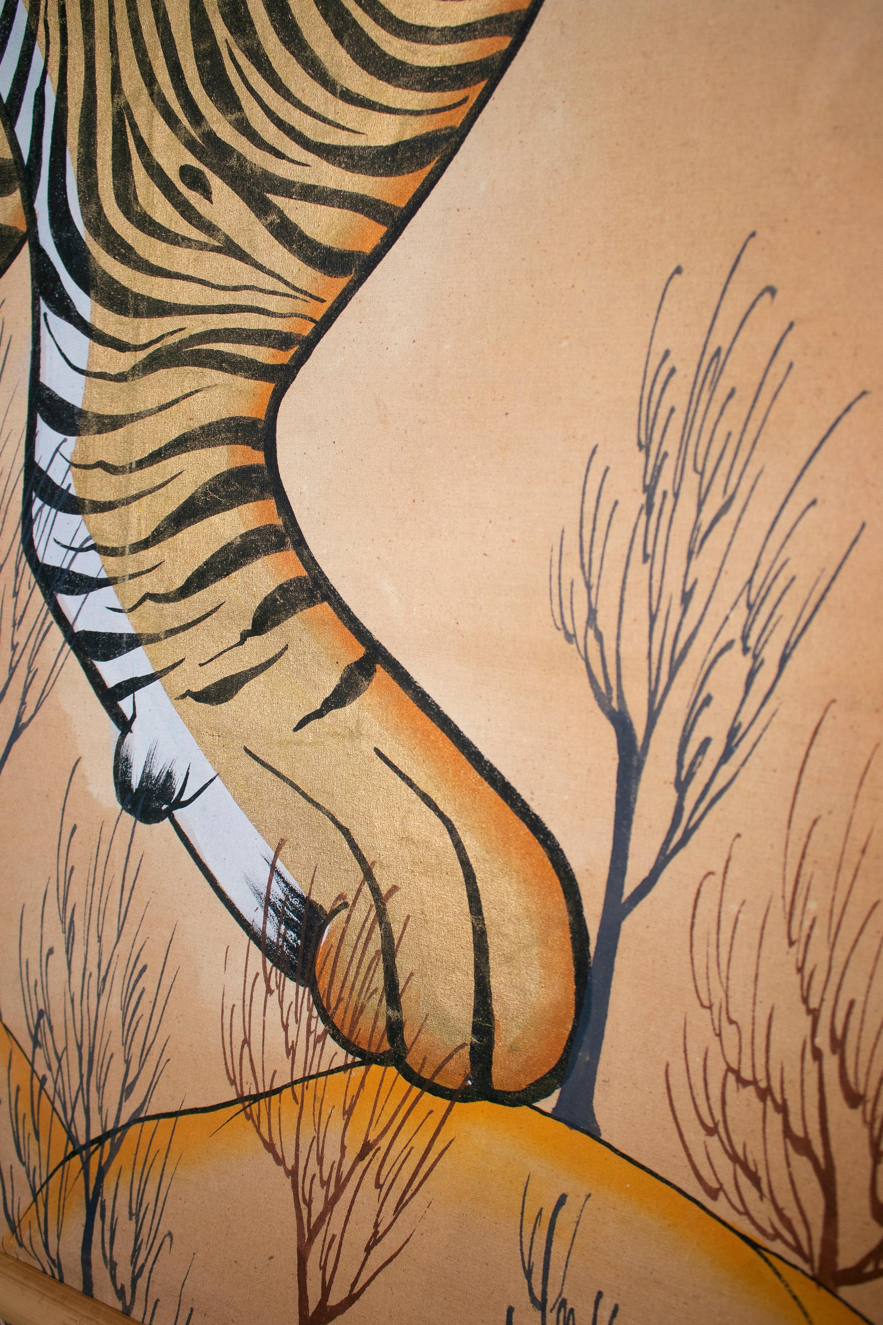 Jaime Parlade Designed Tiger Drawn on Fabric and Framed in Bamboo & Indian Straw 3