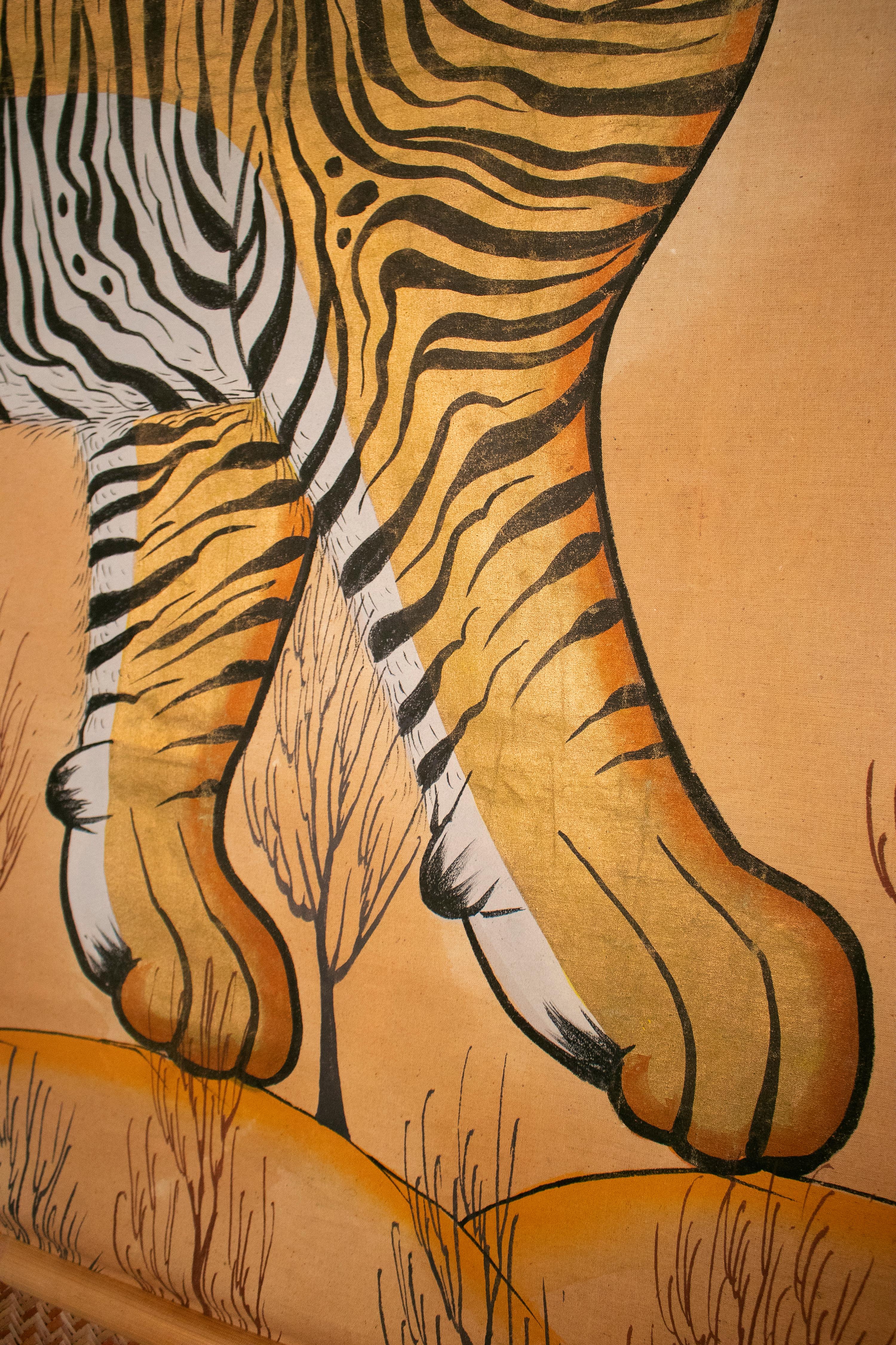 Jaime Parlade Designed Tiger Drawn on Fabric and Framed in Bamboo & Indian Straw 4
