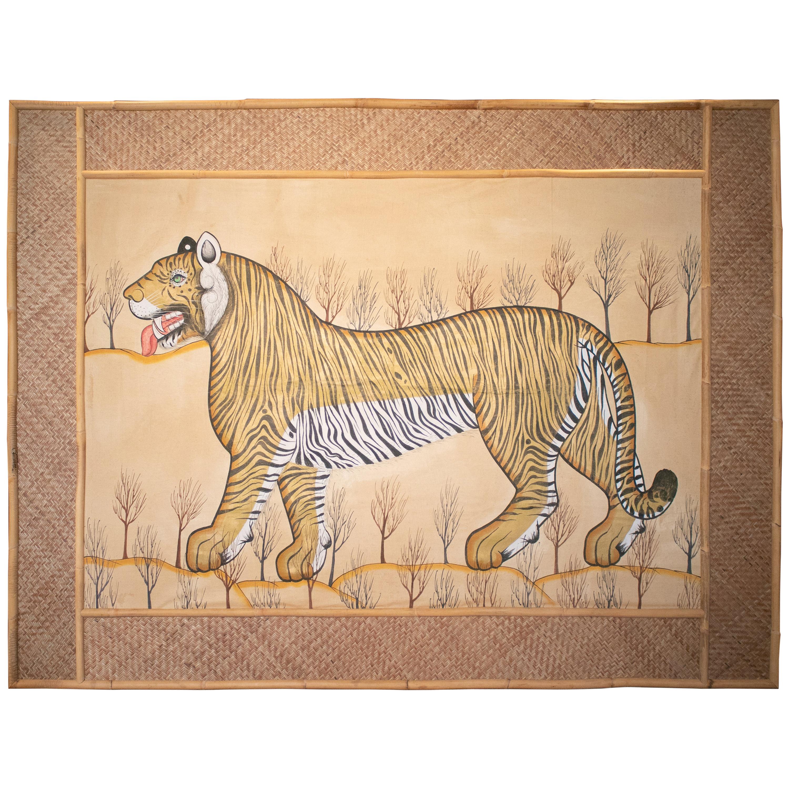 Jaime Parlade Designed Tiger Drawn on Fabric and Framed in Bamboo & Indian Straw