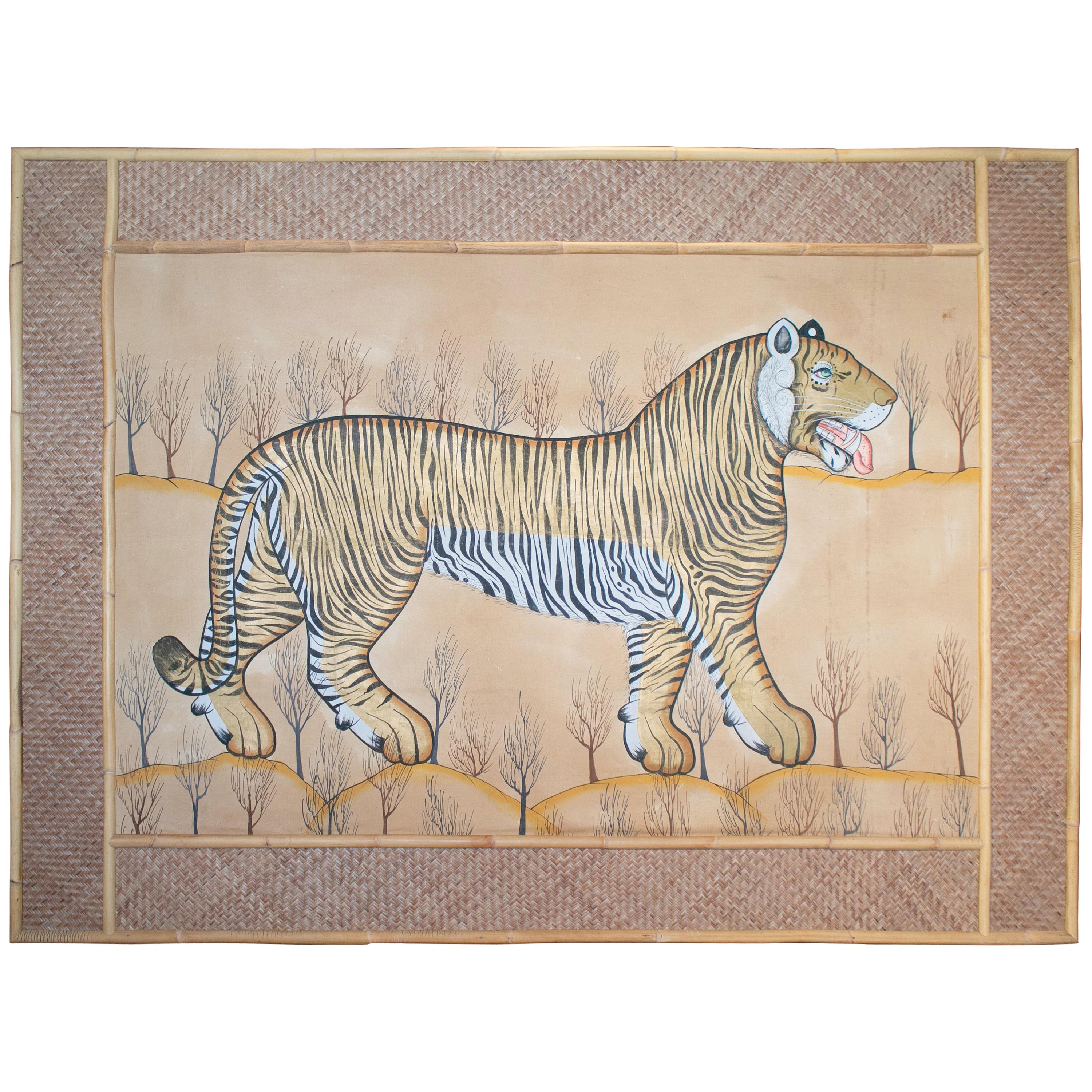 Jaime Parlade Designed Tiger Drawn on Fabric and Framed in Bamboo & Indian Straw