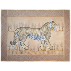 Tigre dessiné par Jaime Parlade sur un tissu et encadré dans du bambou & Paille indienne