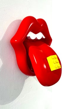 Pop art contemporary figurative wall sculpture red lips lego yellow hand made