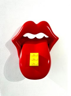 Pop art contemporary figurative wall sculpture red lips lego yellow hand made