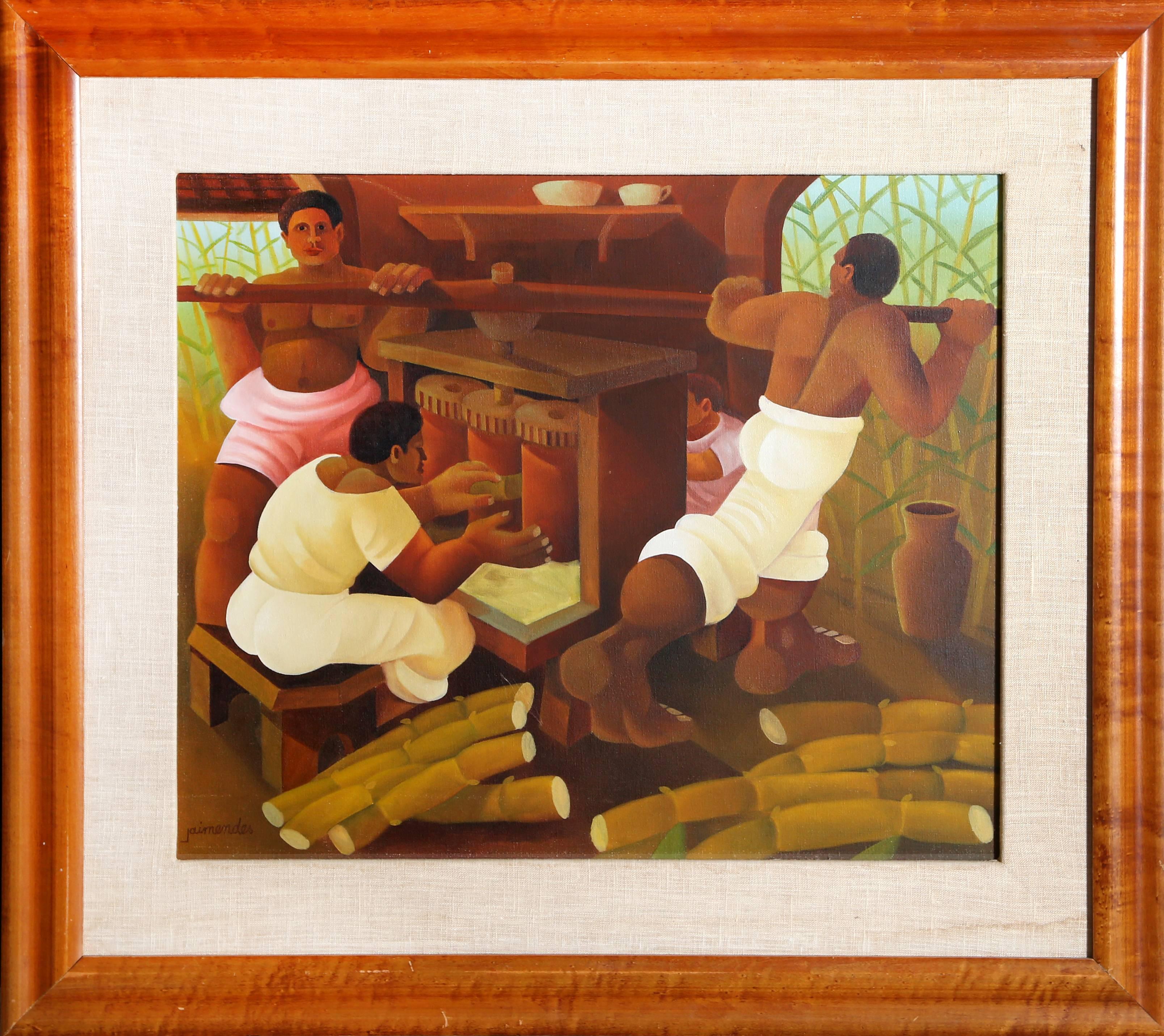 Artiste : Jaimendes, Brésilien (1939 - )
Titre : Broyage de la canne à sucre
Année : vers 1983
Moyen : Huile sur toile, signé à gauche.
Taille : 21,5 in. x 25,5 in. (54,61 cm x 64,77 cm)
Taille du cadre : 31 x 35 pouces