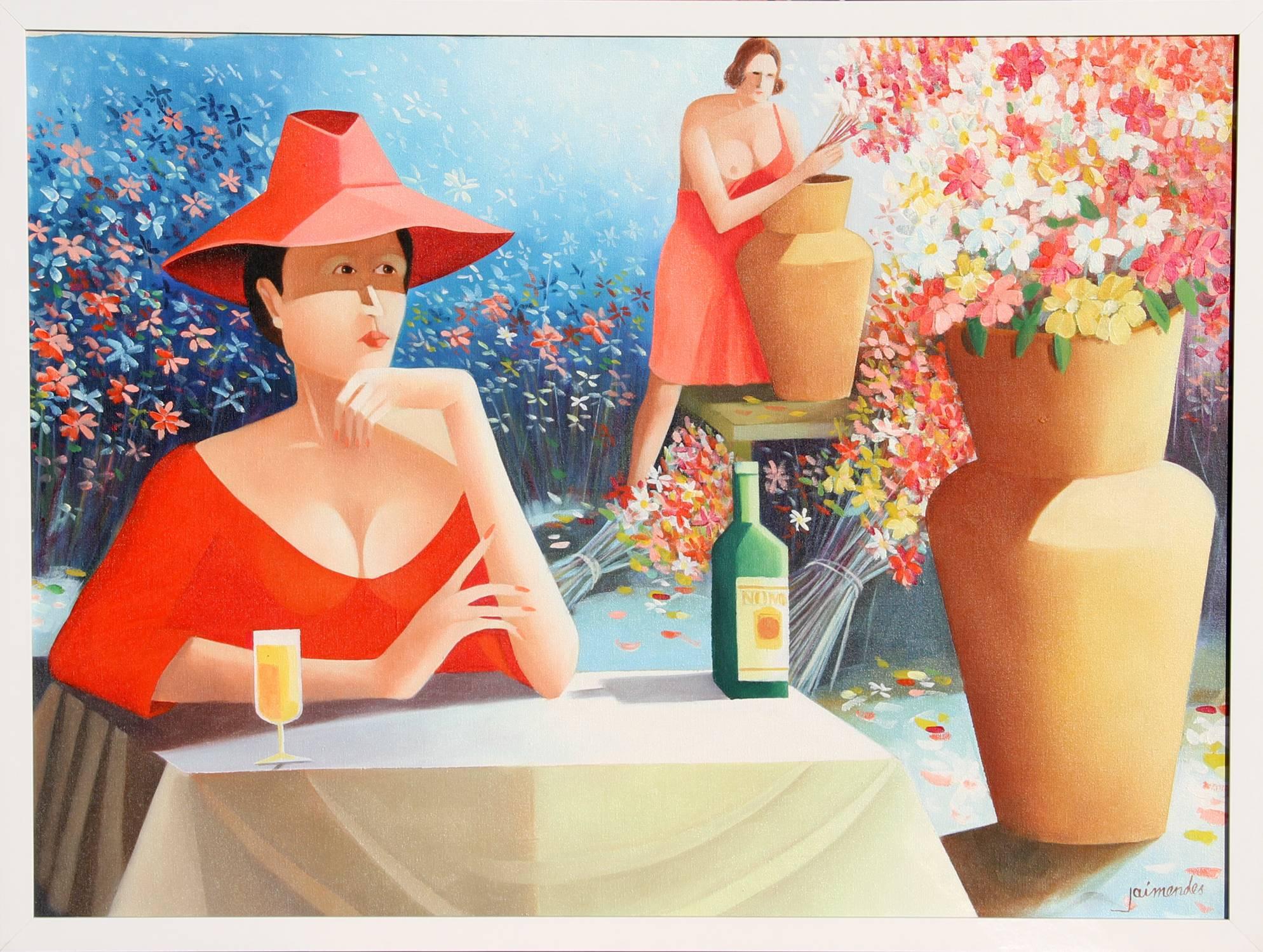 Artist: Jaimendes, Brazilian (1939 - )
Title: Mulher no jardin
Year: 1990
Medium: Acrylic on Canvas, signed l.r.
Size: 21 in. x 28 in. (53.34 cm x 71.12 cm)
Frame Size: 23 x 30 inches