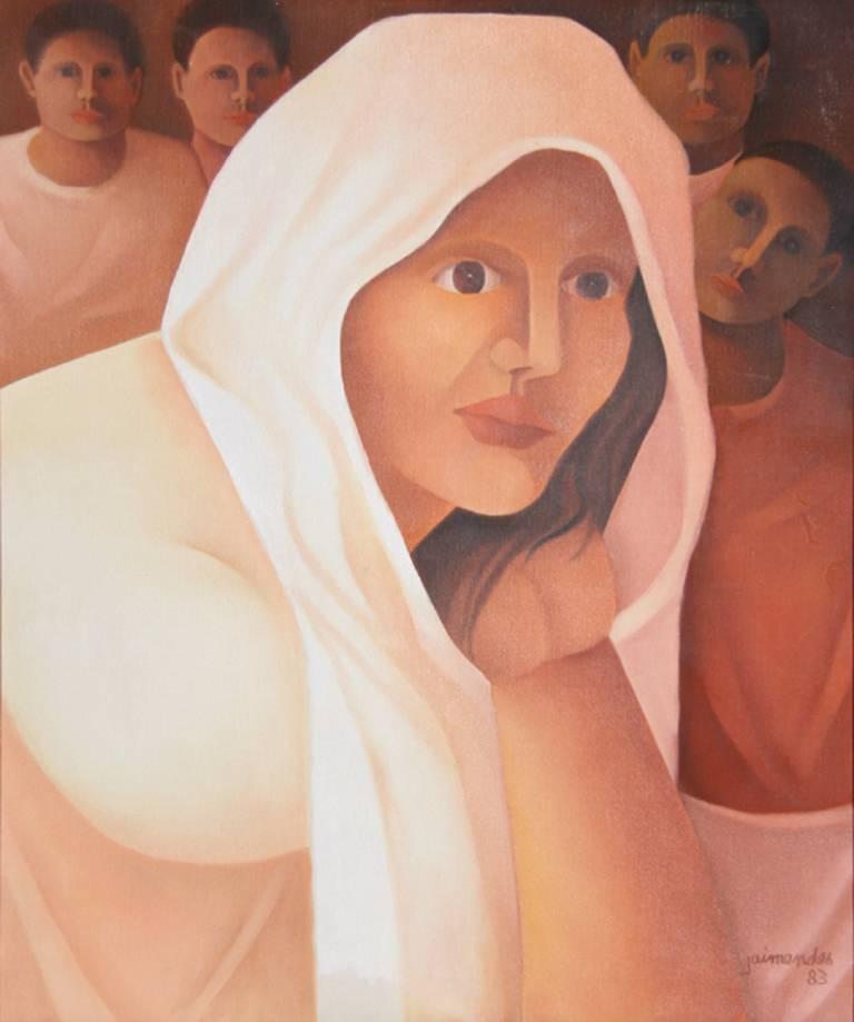 Peinture de portrait en acrylique « Veiled Girl » de Jaimendes