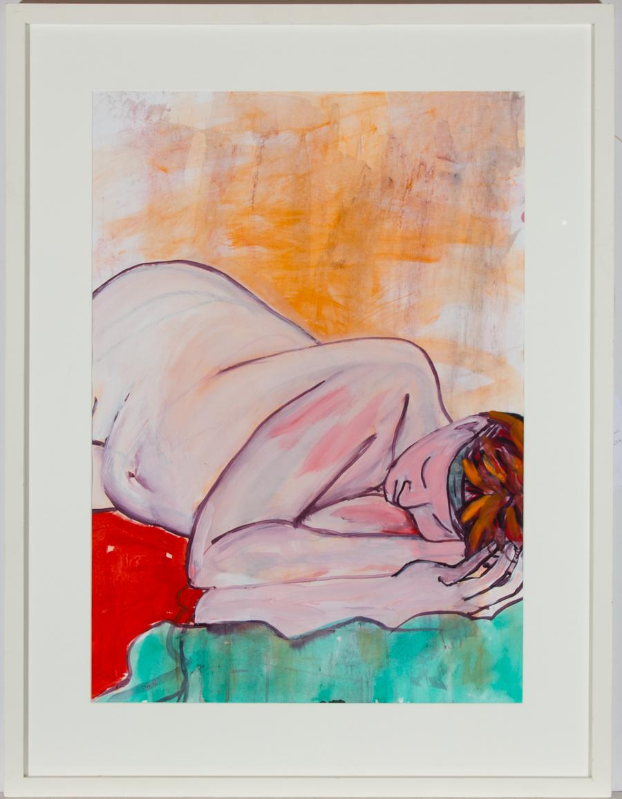 A delightful reclining nude study by the artist Jain Wallis. With expressive brushstrokes and bold colour. Areas of marker pen detail and watercolour wash. Wonderfully presented in a contemporary white frame with mount. Handwritten artist label to