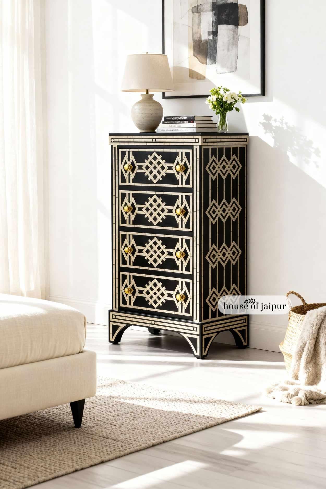 Jaipur Cassettone con intarsio in osso nero - Cassettiera di House of Jaipur in vendita 2