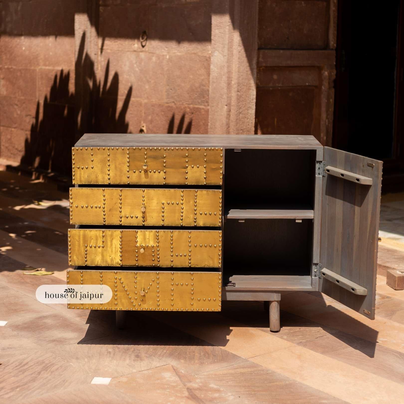 Hammered Jaipur Brass Patchwork Sideboard For Sale