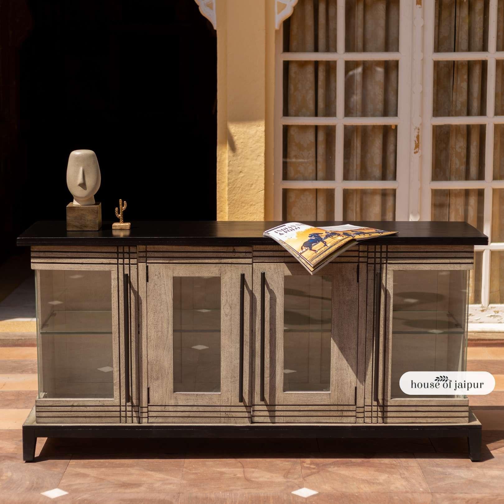 Glass Jaipur Distressed Linea Sideboard – Linea Collection by House of Jaipur For Sale