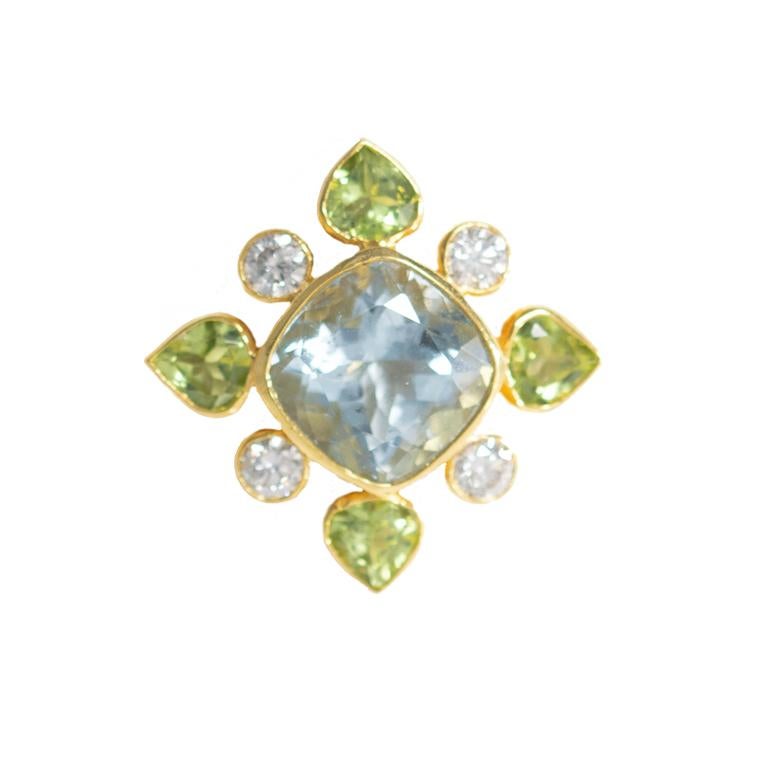 Belle Époque Jaipur Flower Cluster 18ct Yellow Gold Diamond, Aquamarine and Peridot Earrings