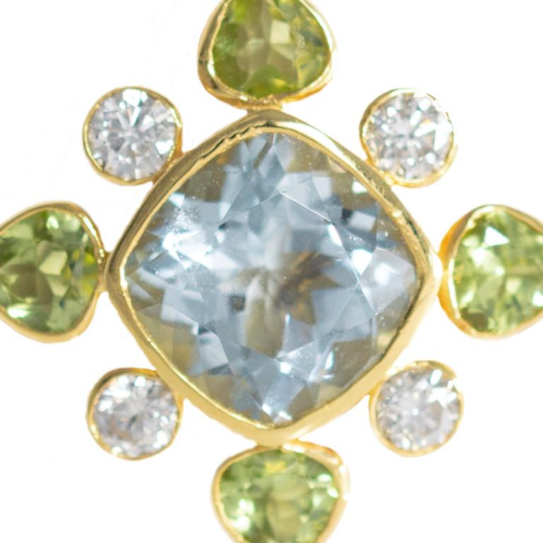 Cushion Cut Jaipur Flower Cluster Earrings 18ct Yellow Gold Diamond, Aquamarine & Peridot For Sale