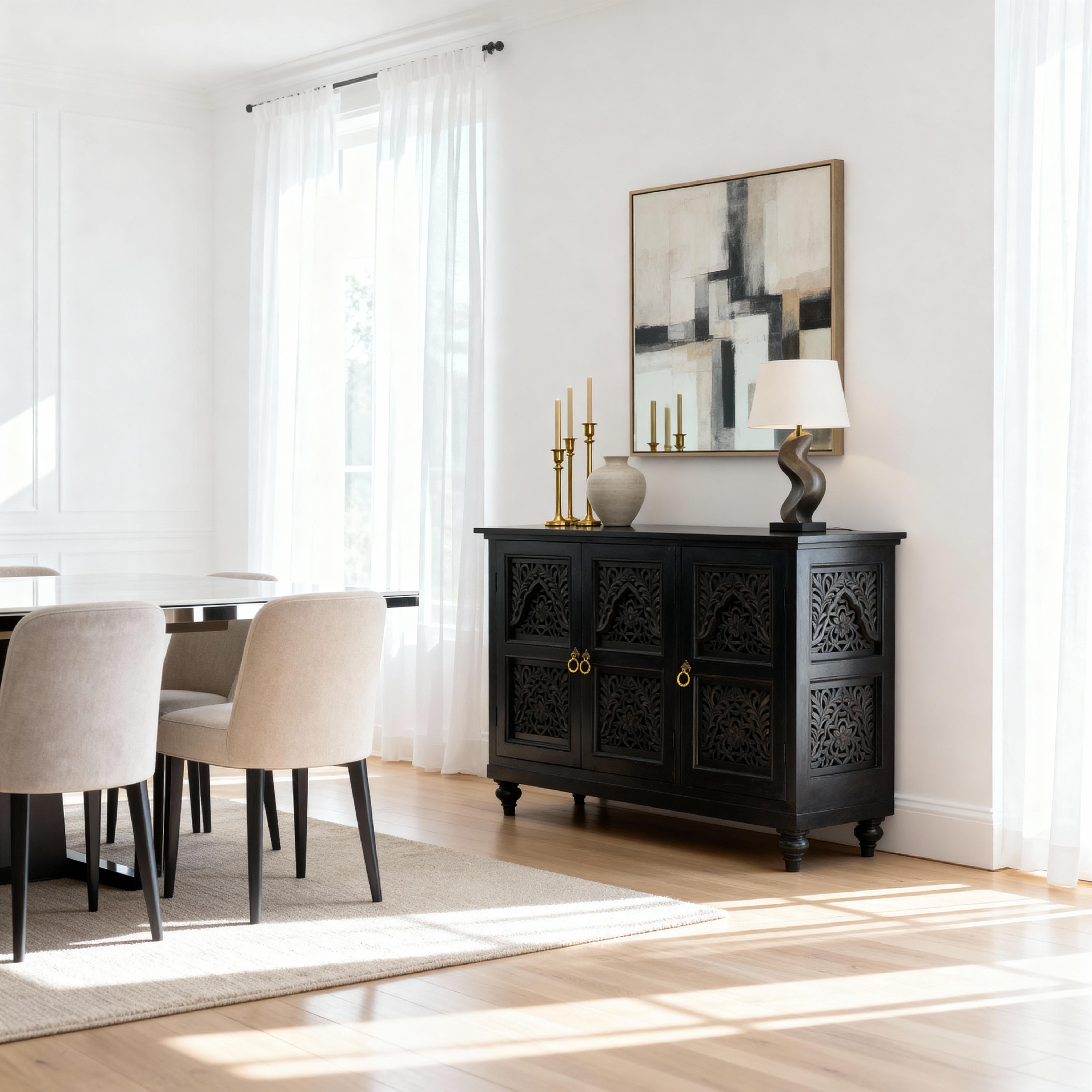 The Jaipur Hand-Carved Lattice Sideboard celebrates the timeless art of woodcarving, blending intricate craftsmanship with functional elegance.

Handcrafted from solid mango wood and finished in a deep antique dark brown polish, this cabinet