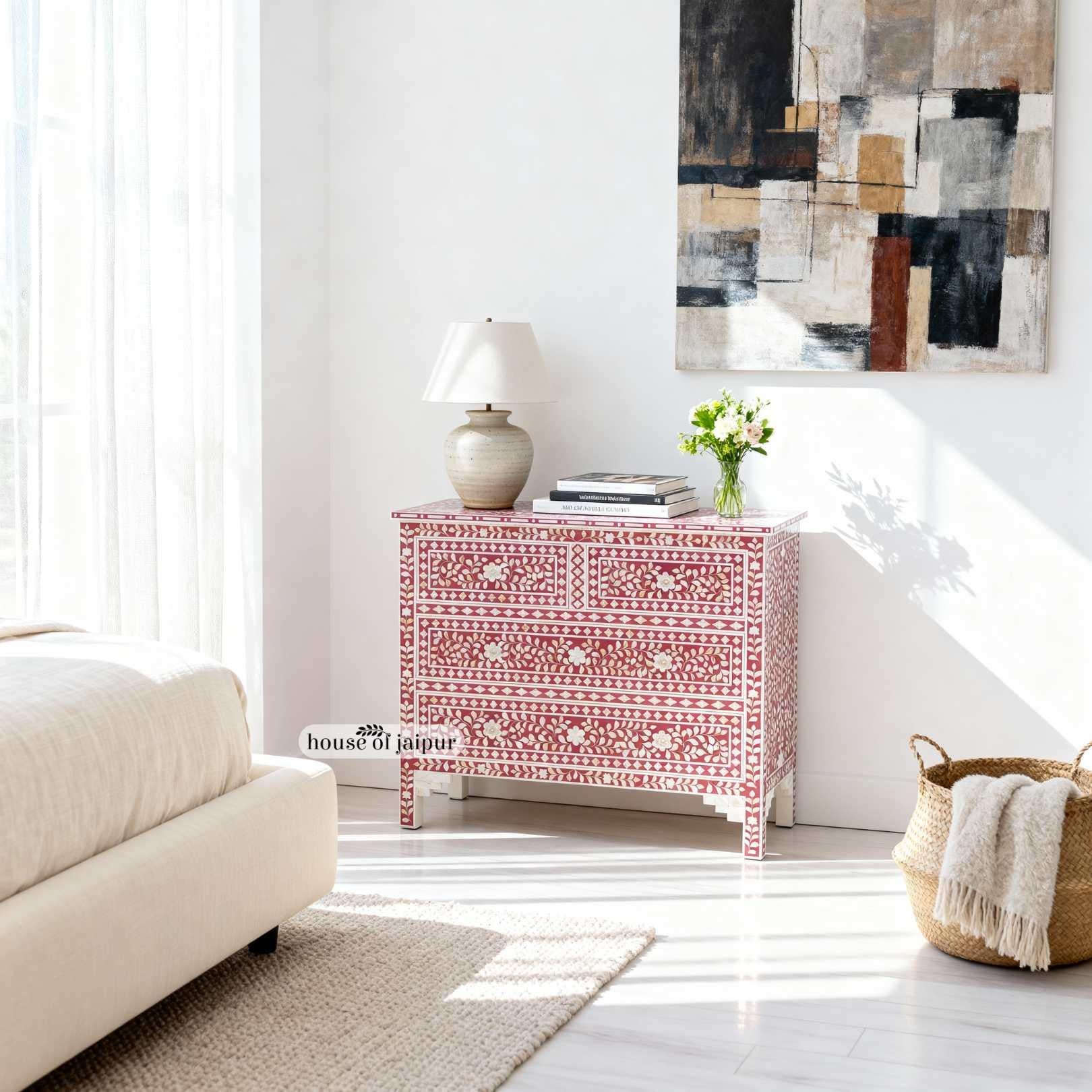 Cassettiera con intarsio in madreperla rosa Jaipur - motivo floreale a vite in vendita 2