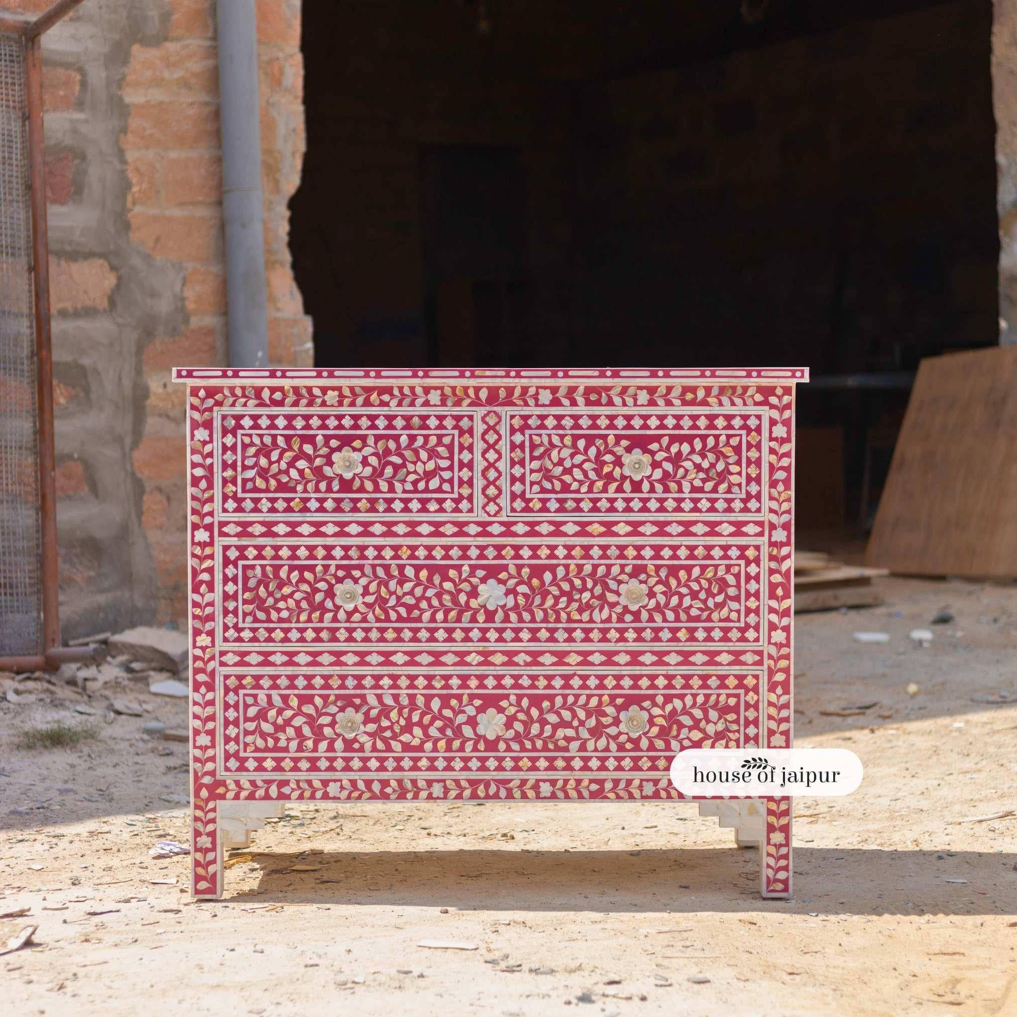 Agra Jaipur Pink Mother of Pearl Inlay Chest of Drawers – Floral Vine Pattern For Sale