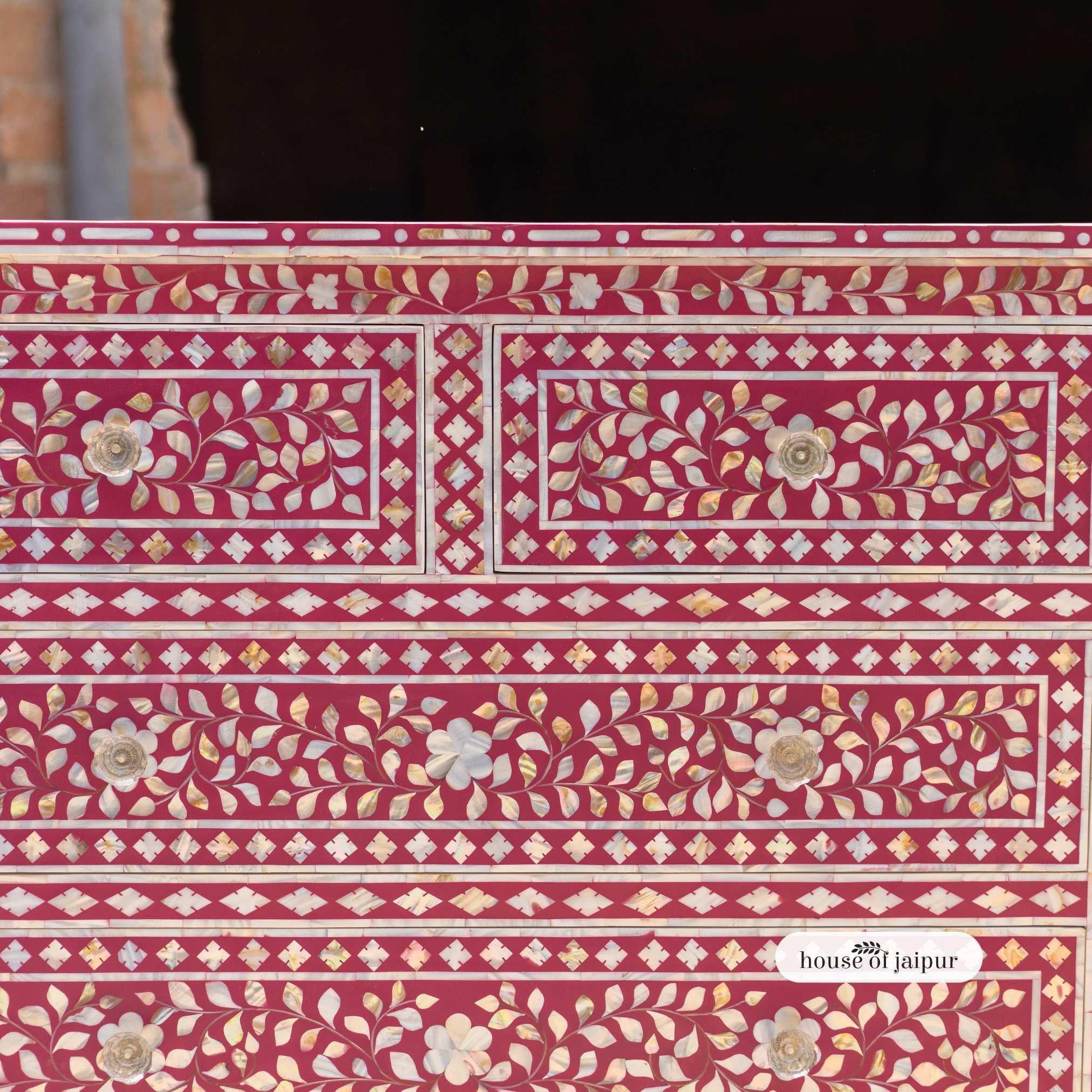 Indian Jaipur Pink Mother of Pearl Inlay Chest of Drawers – Floral Vine Pattern For Sale