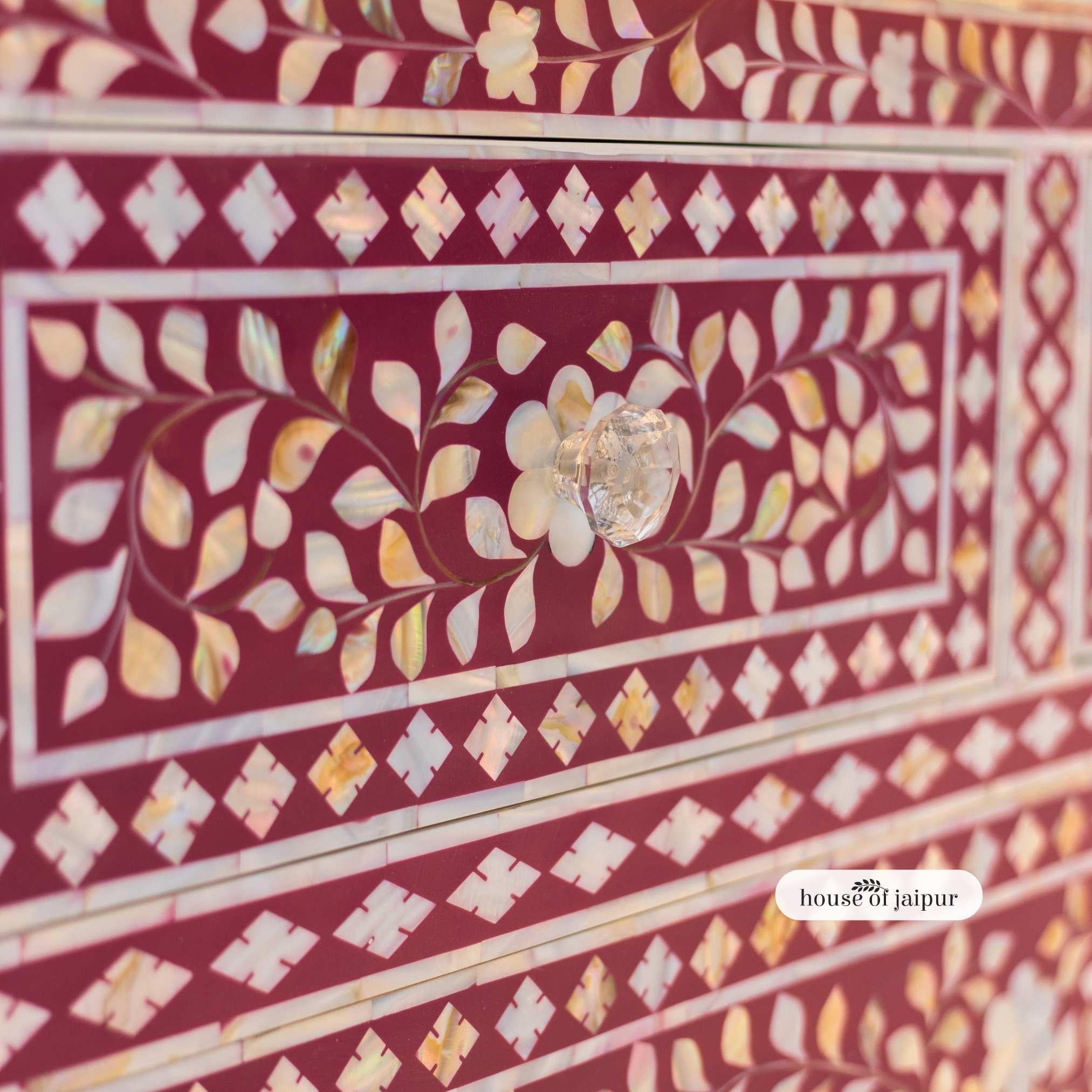 Jaipur Pink Mother of Pearl Inlay Chest of Drawers – Floral Vine Pattern In New Condition For Sale In New York, NY