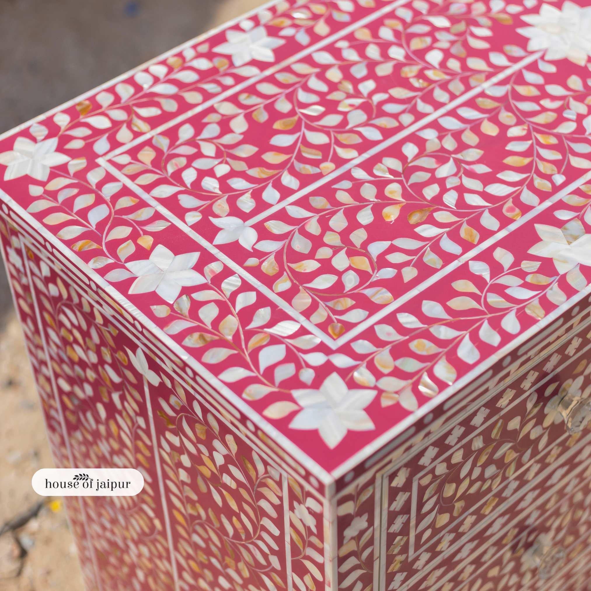 Contemporary Jaipur Pink Mother of Pearl Inlay Chest of Drawers – Floral Vine Pattern For Sale