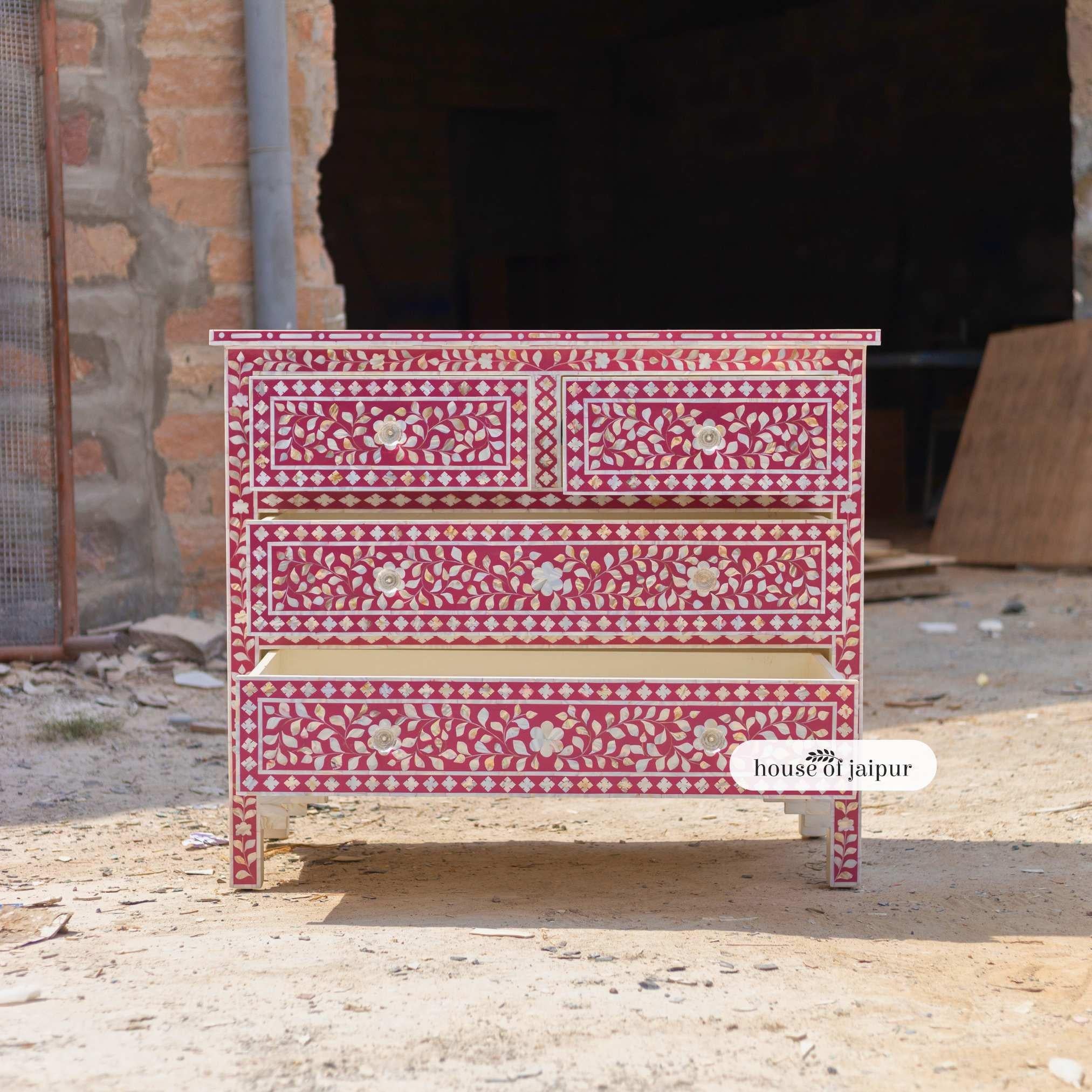 Wood Jaipur Pink Mother of Pearl Inlay Chest of Drawers – Floral Vine Pattern For Sale