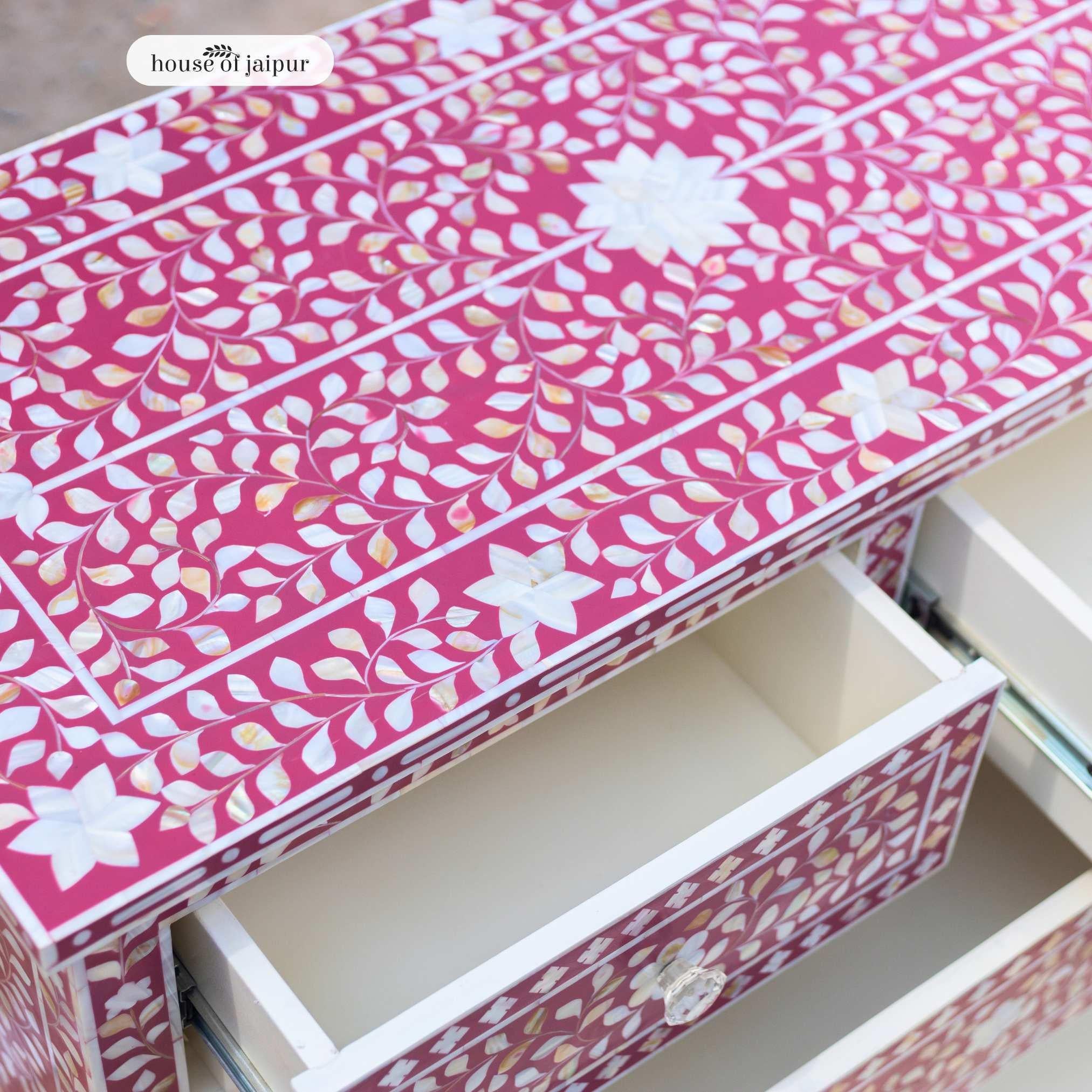 Jaipur Pink Mother of Pearl Inlay Chest of Drawers – Floral Vine Pattern For Sale 1