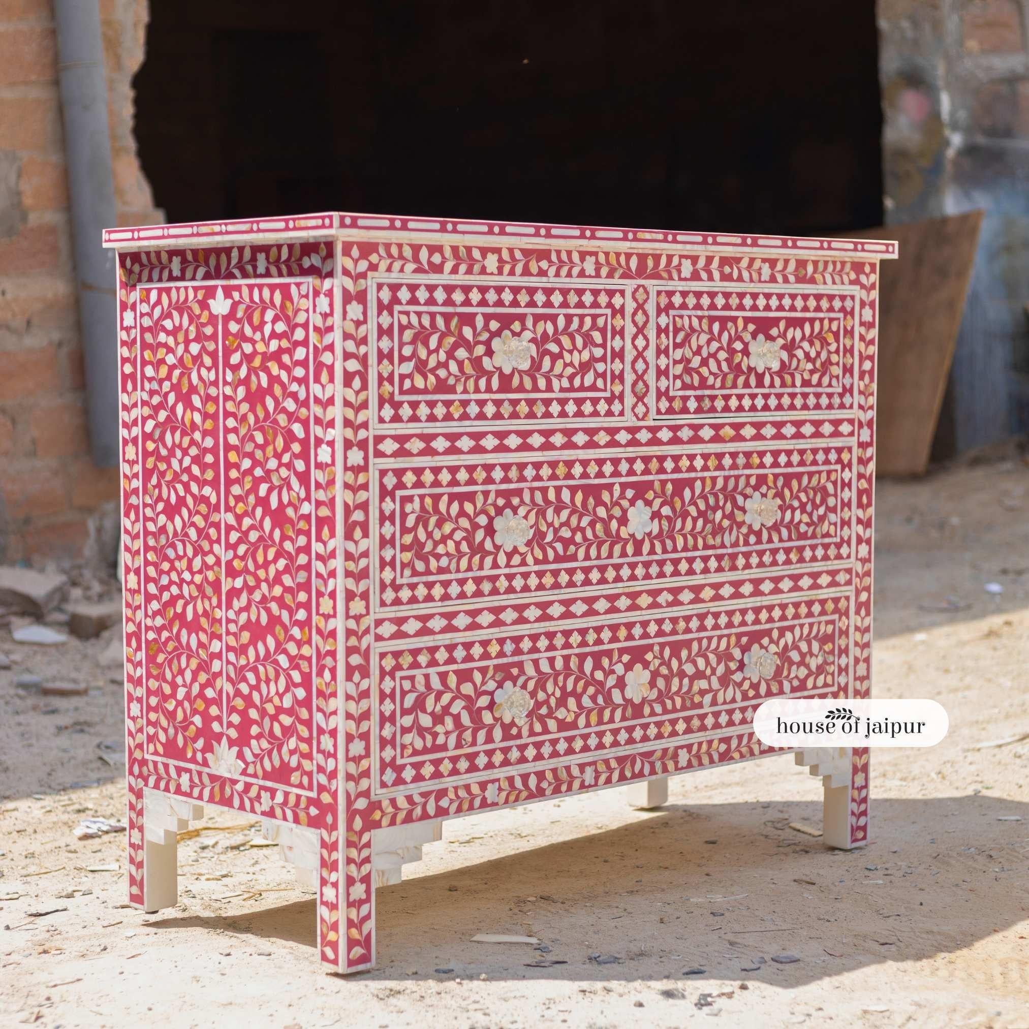 Jaipur Pink Mother of Pearl Inlay Chest of Drawers – Floral Vine Pattern For Sale 2