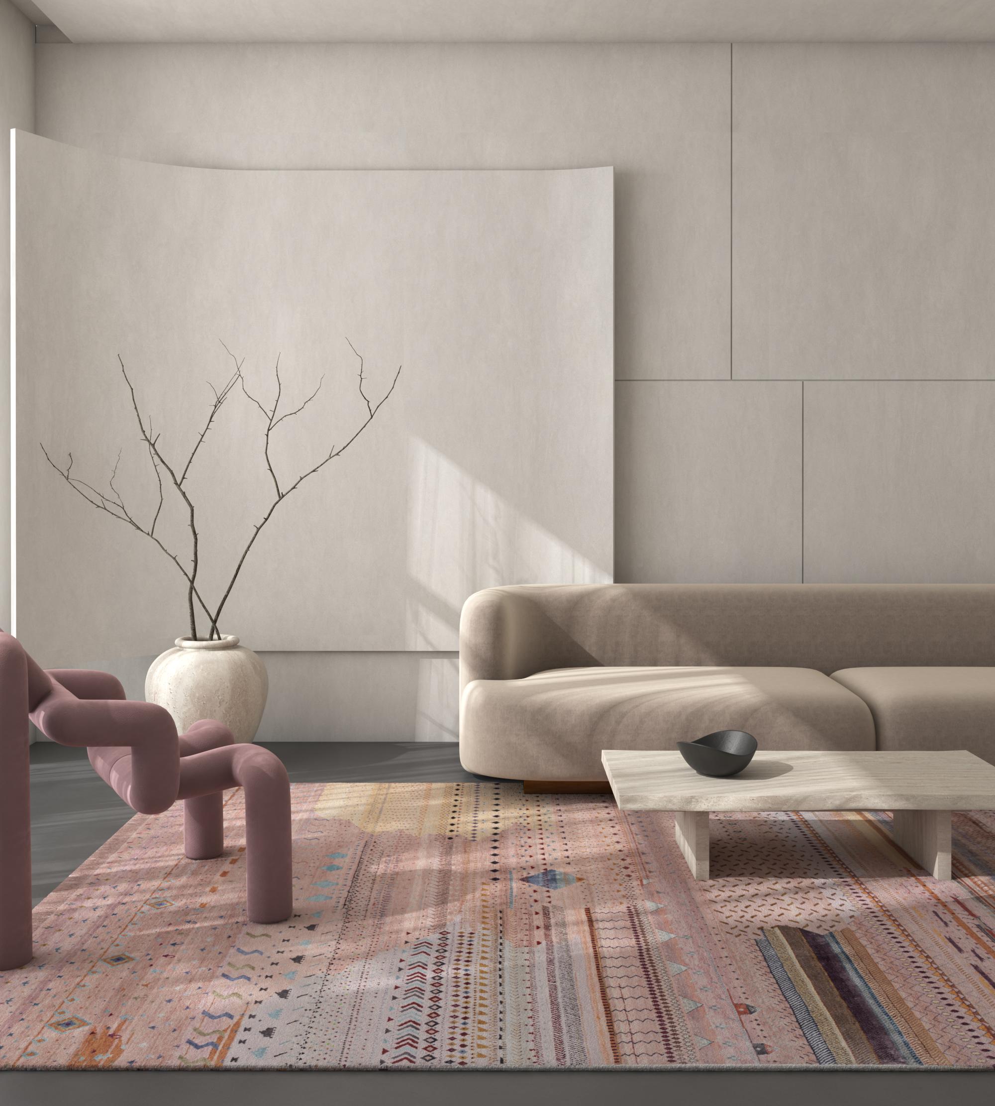 <b>Rangon ki Khoj</b></br>Ce tapis a été fabriqué en prison par les détenus devenus artistes Bhupendra et Harji Ram. Il n'est pas porteur d'un grand message, mais plutôt de plusieurs messages subtils. Les lignes se parcourent de gauche à droite